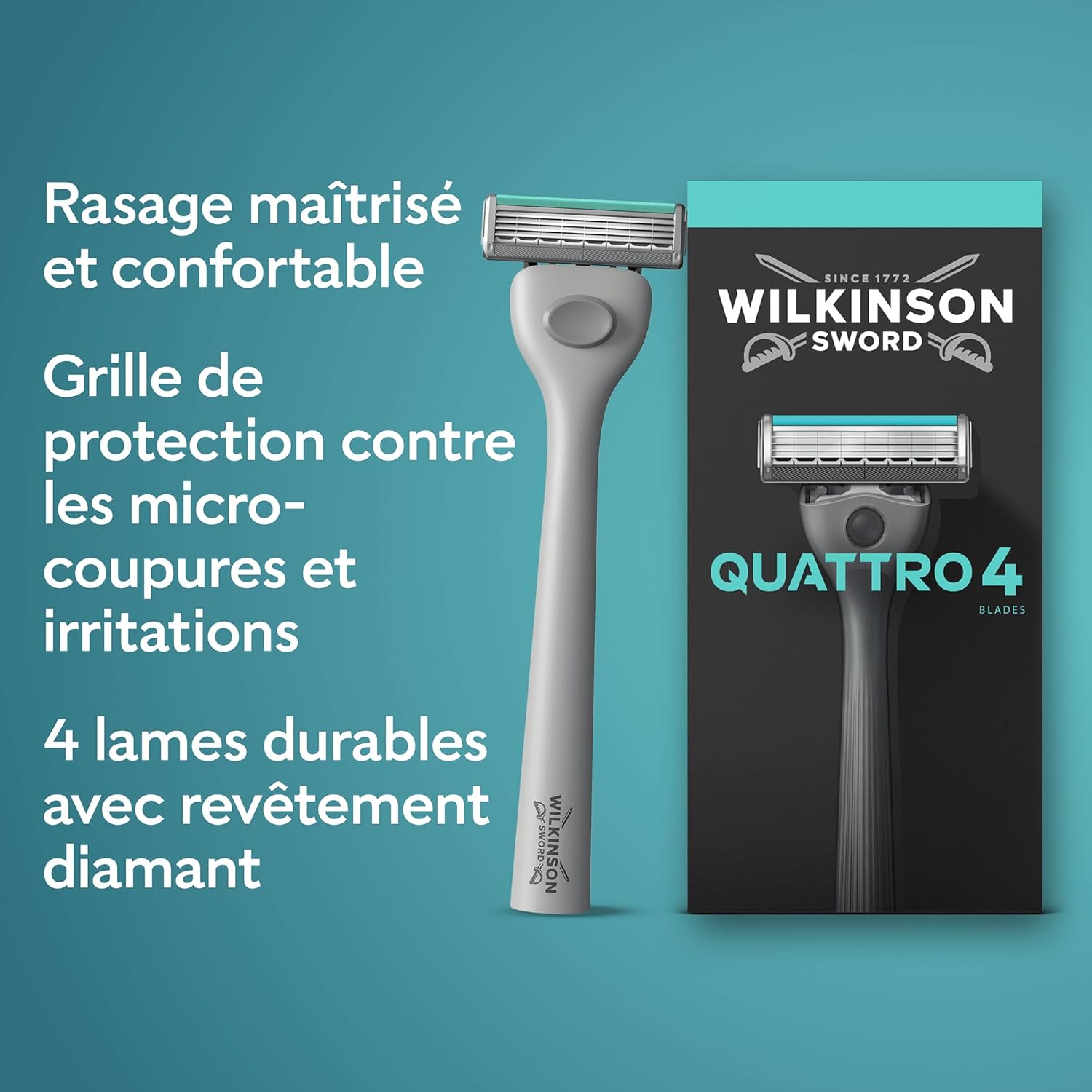 Detalle de Wilkinson Sword Quattro – Rasoirs pour homme, pack économique avec 9 recharges et 4 lames au revêtement diamant