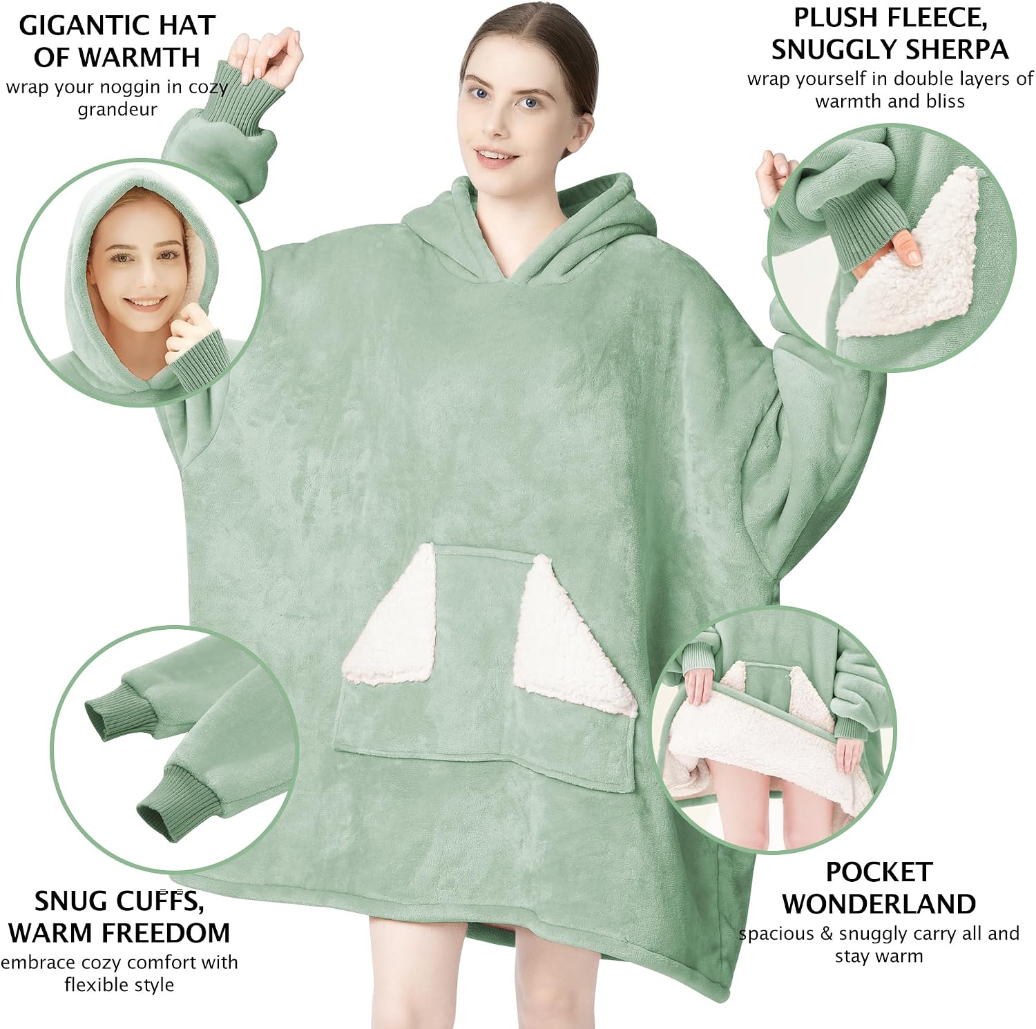Detalle 2 de Touchat Wearable Blanket Hoodie, Green Sherpa with Hood, Pocket and Sleeves