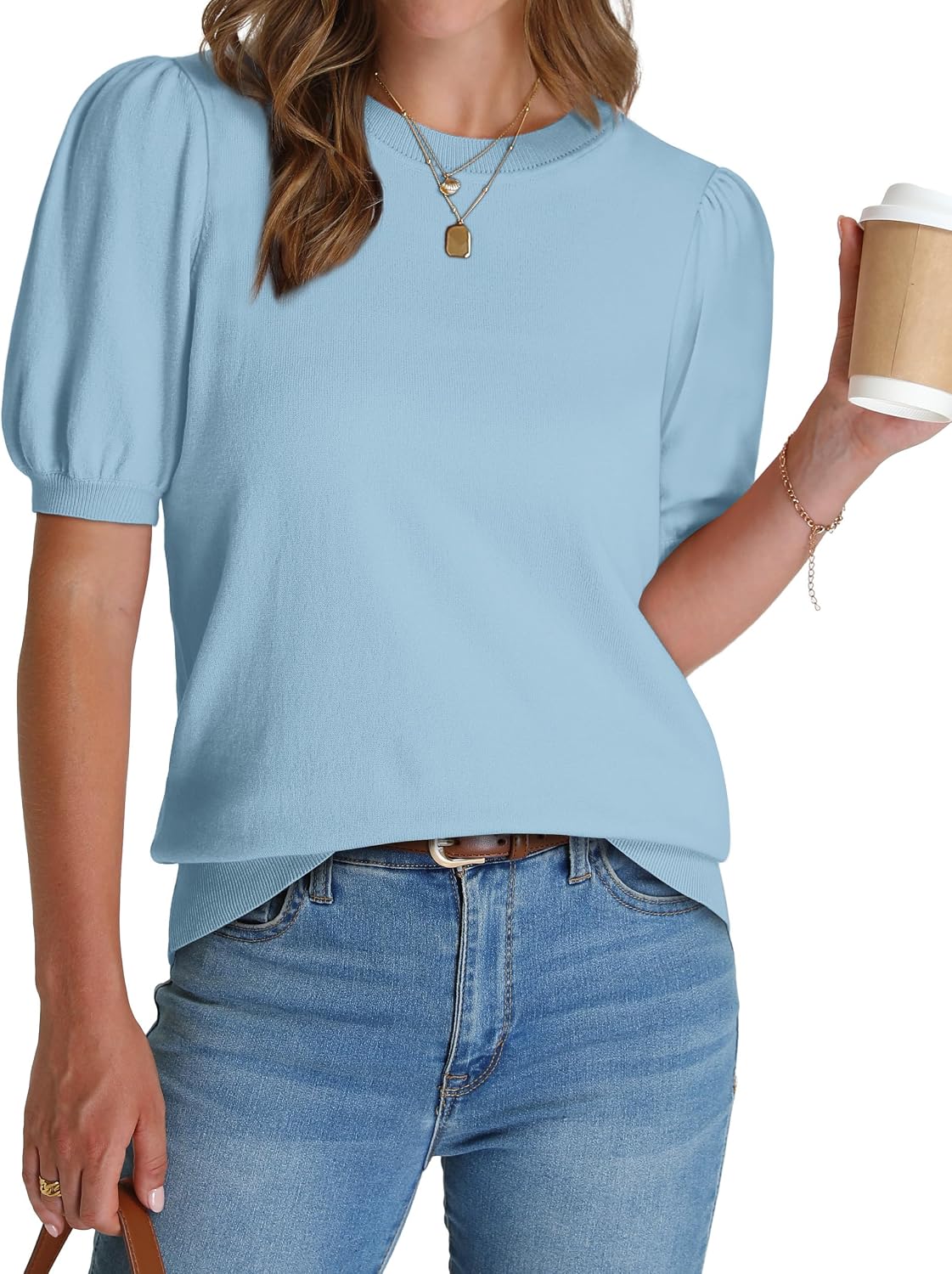 Detalle de WIHOLL Women’s Puff Short Sleeve Sweater Top for Work and Casual Wear