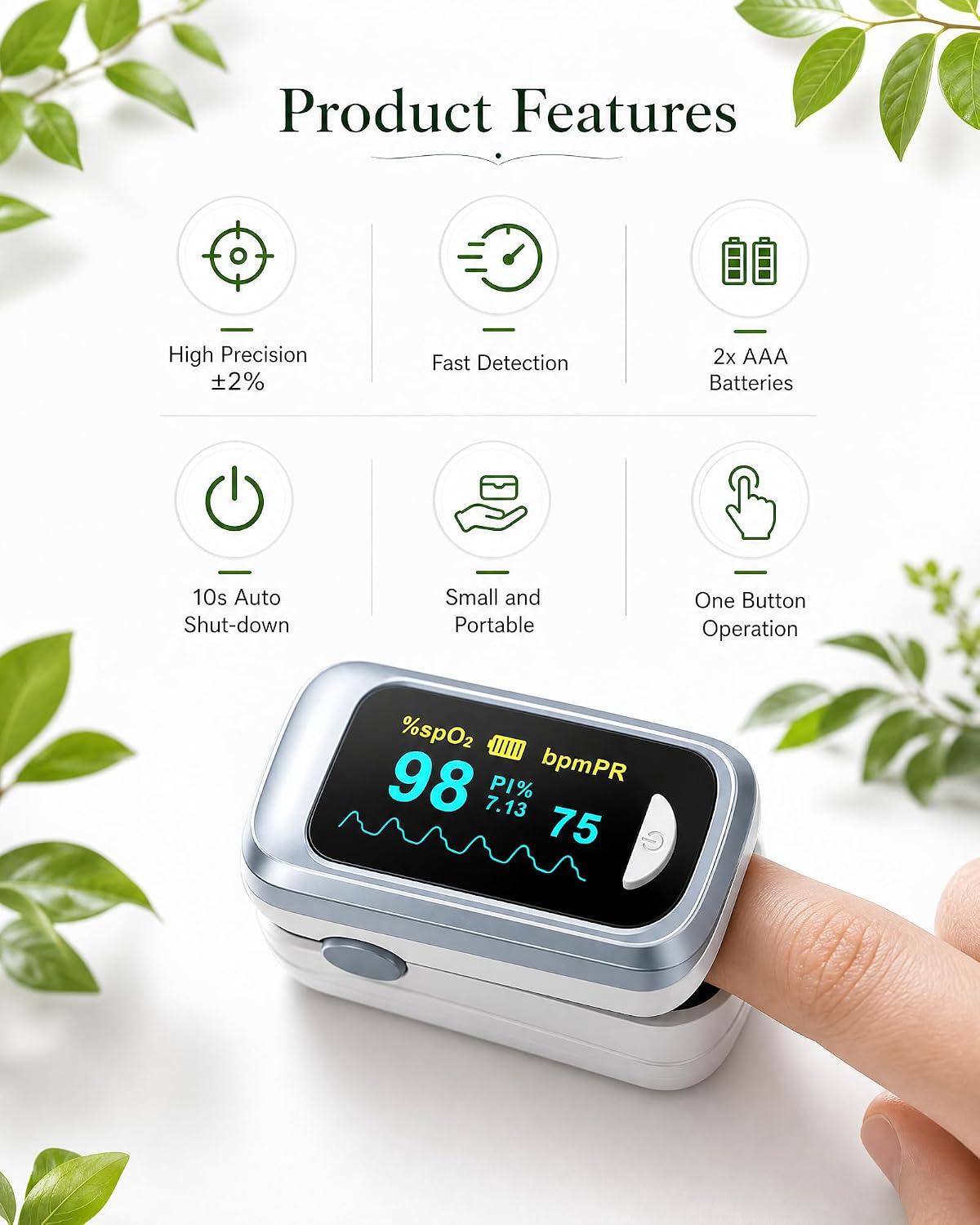 Detalle de Healthtree JKS50B Pulse Oximeter Fingertip – Fast, accurate SpO2 and heart rate readouts