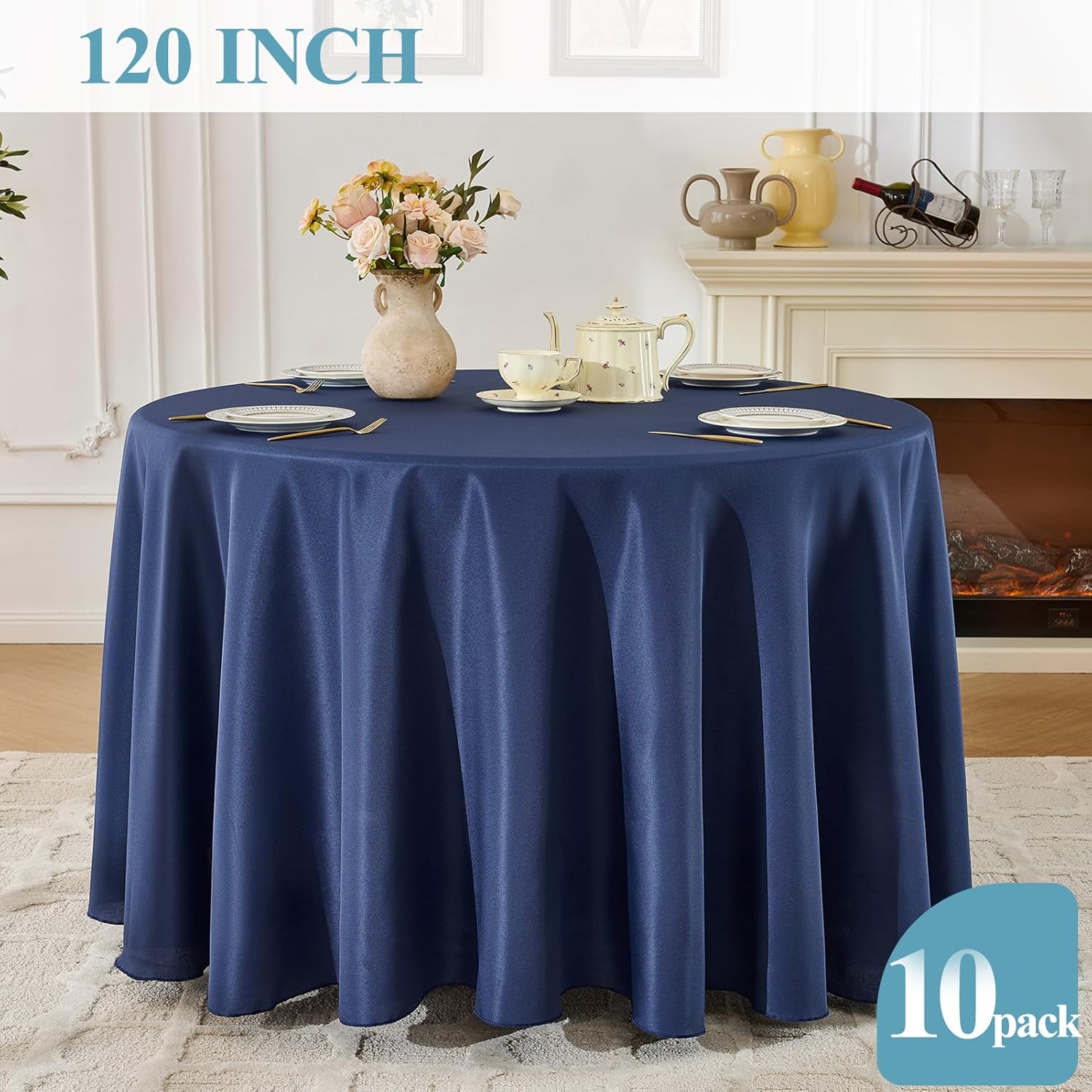 Detalle de VidaFete 10-Pack Navy Blue 120-Inch Round Tablecloth (Polyester) for Dining, Parties & Buffets