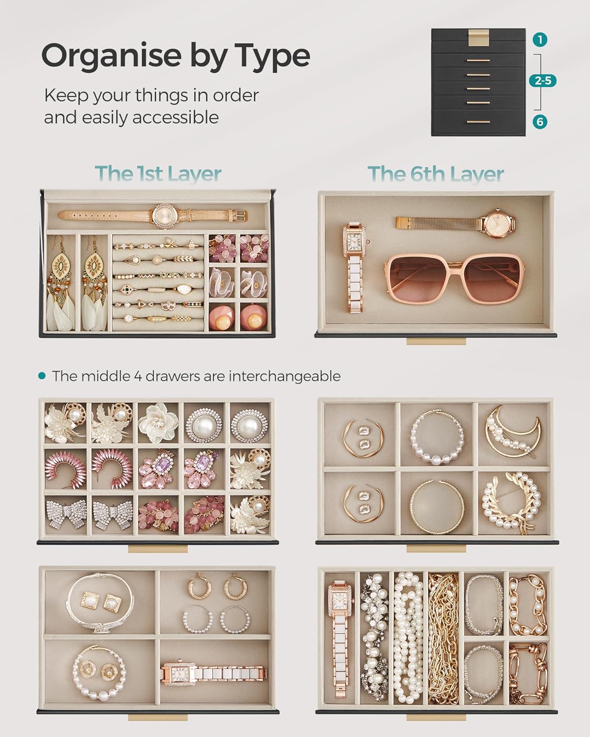 Thumbnail 2 de SONGMICS GISELLA JBC171B01 Jewellery Box with Glass Lid, 6 Layers & 5 Drawers (Ink Black & Gold)