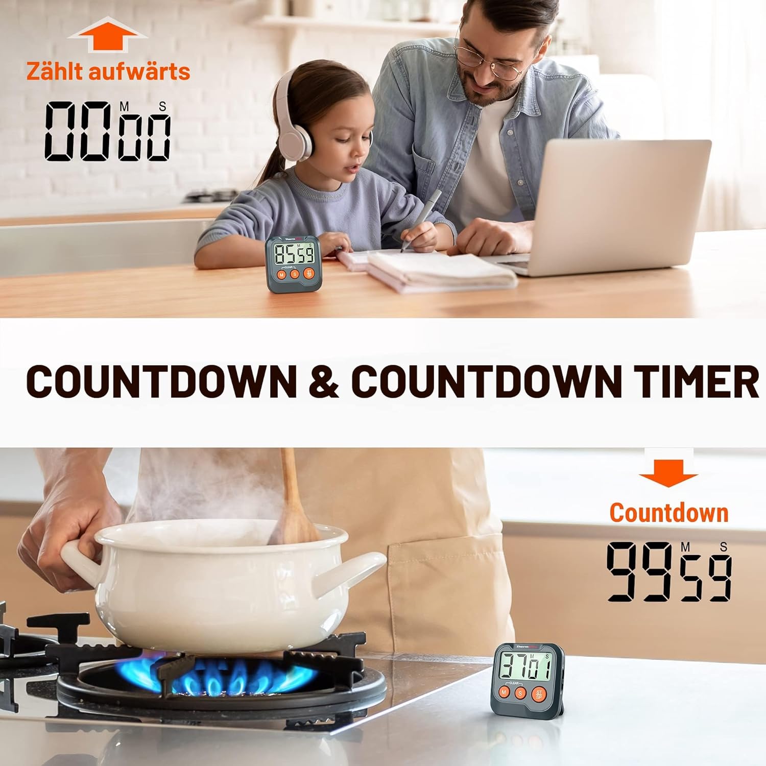 Thumbnail 4 de ThermoPro TM03W Küchentimer mit großem LCD, einstellbarer Alarmlautstärke und bis zu 99:59 Countdown