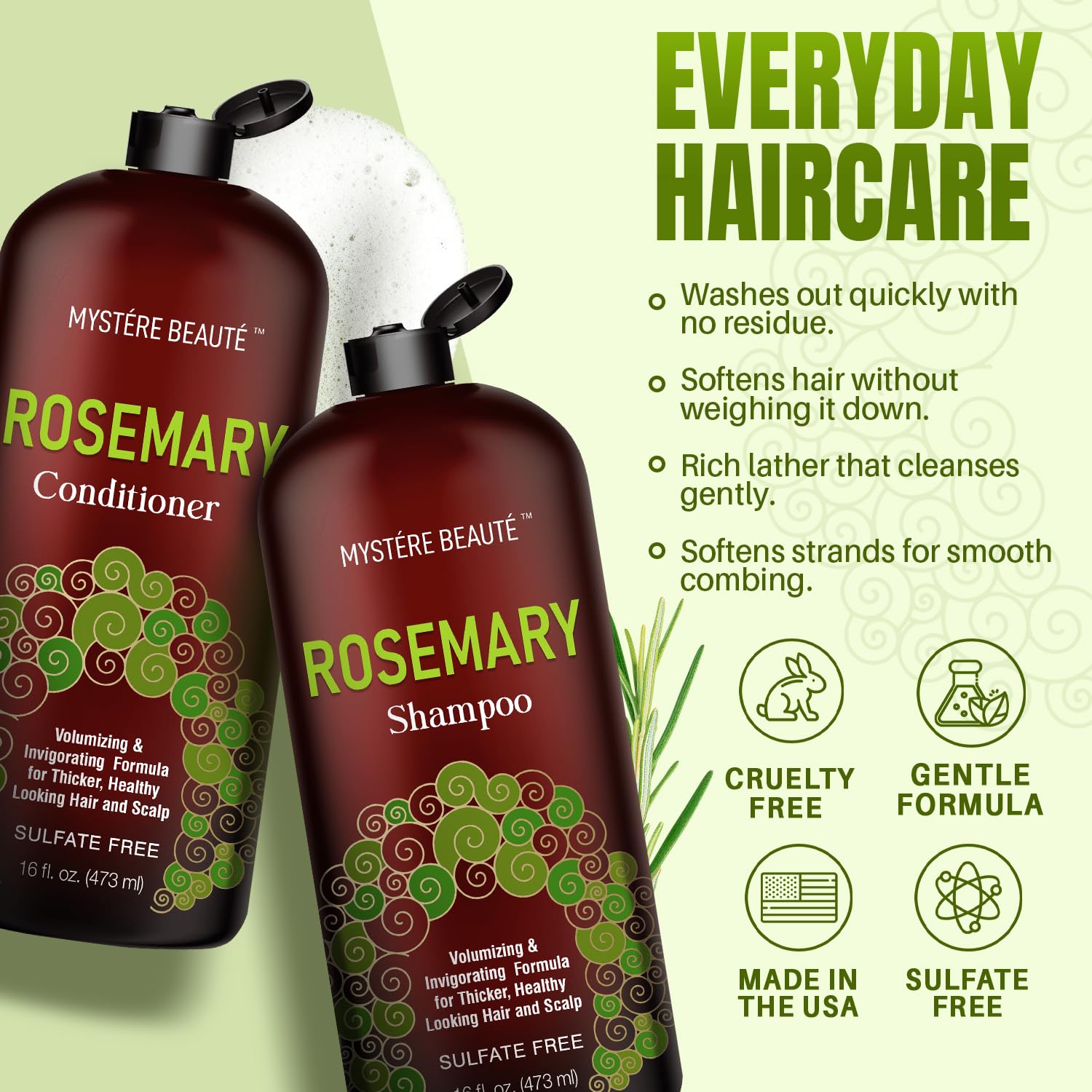 Detalle 2 de MYSTÉRE BEAUTÉ Rosemary Shampoo and Conditioner Set (Biotin, Keratin & Argan Oil) — Sulfate-Free for Hair Growth