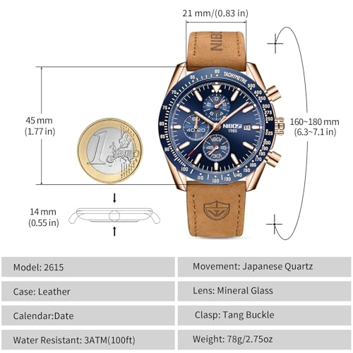 Thumbnail 2 de NIBOSI Reloj de hombre analógico cronógrafo 45 mm — oro rosa/plata, resistencia 3 ATM, cuero cosido a mano