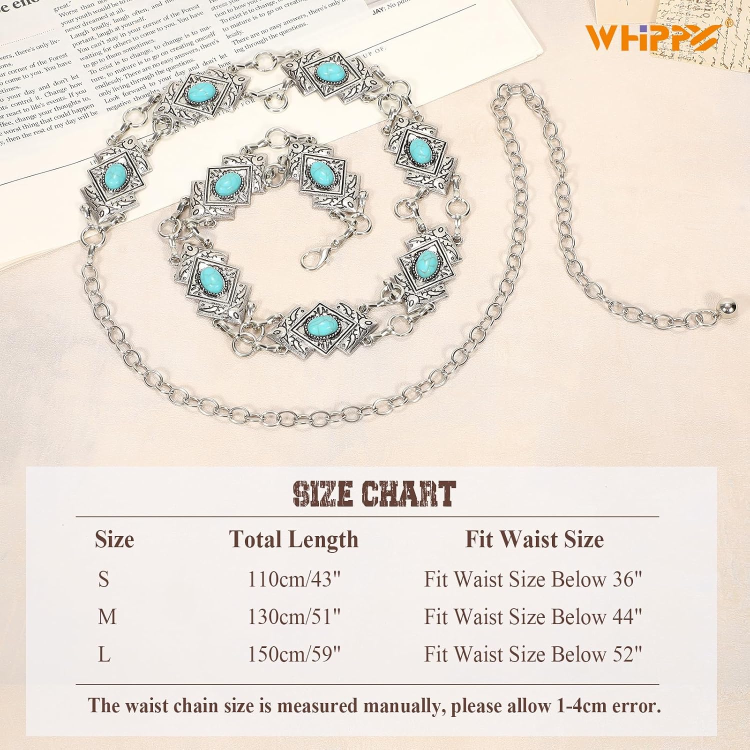 Detalle de WHIPPY Women’s Western Metal Concho Chain Belt – adjustable gold waist chain for boho, cowgirl & country outfits