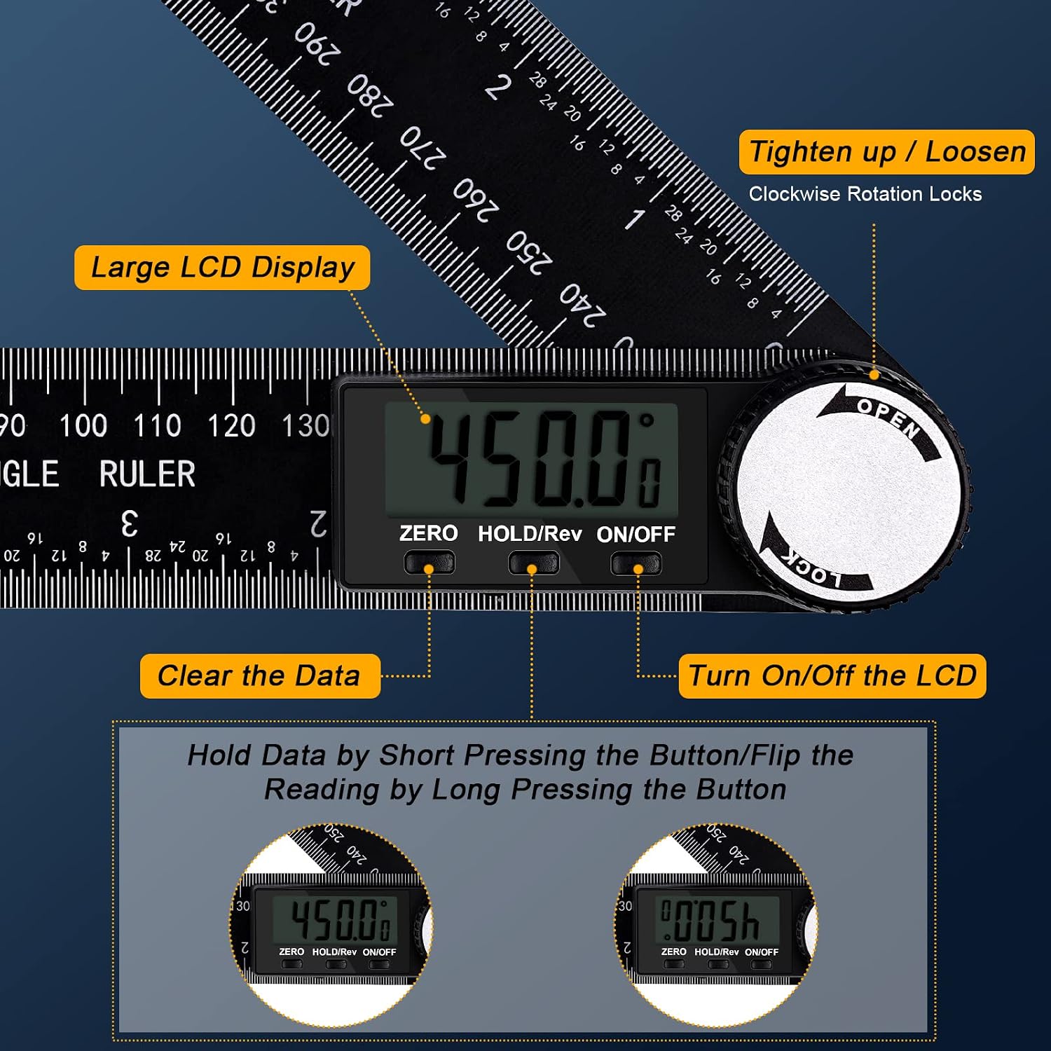Thumbnail 1 de Digital Angle Finder Protractor with LCD Display – 0.1° Accuracy, 0–999.9° Range