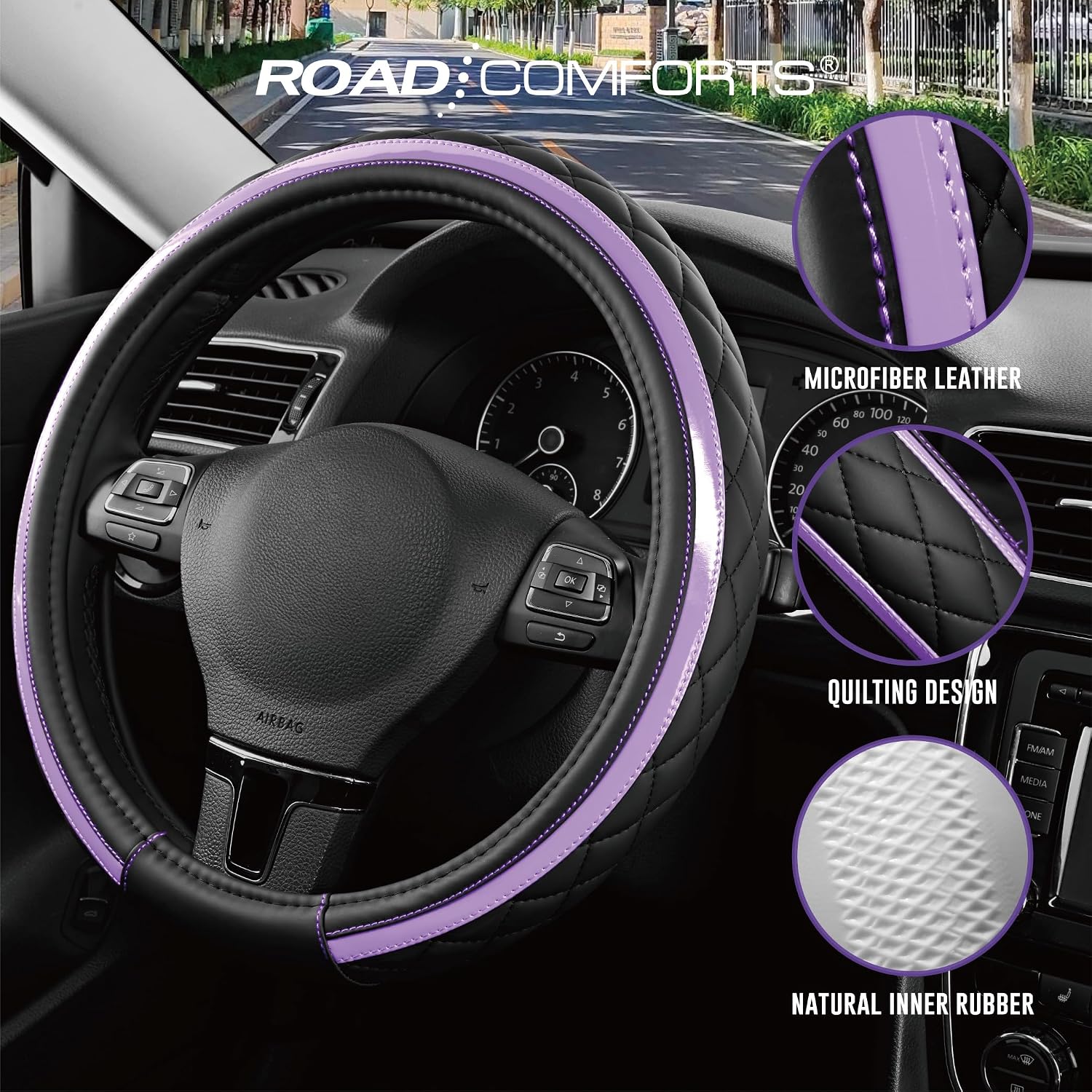 Thumbnail 3 de Road Comforts Leather Steering Wheel Cover – Black & Purple (14.5–15 Inch Universal Fit)