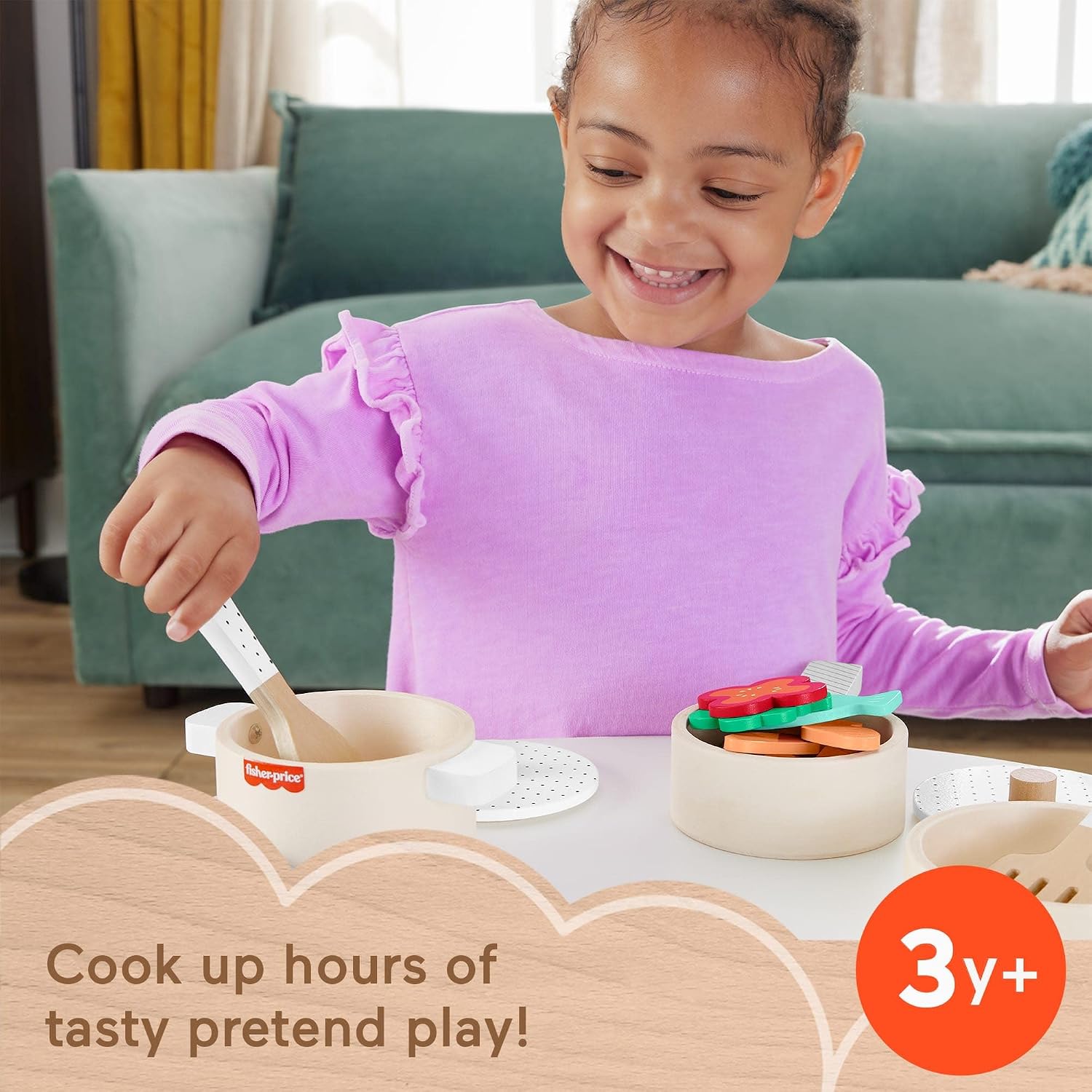 Detalle de Fisher-Price Wood Kitchen Pretend Play Set (19-Piece) – FSC Wood, Safe Paints, for 3+