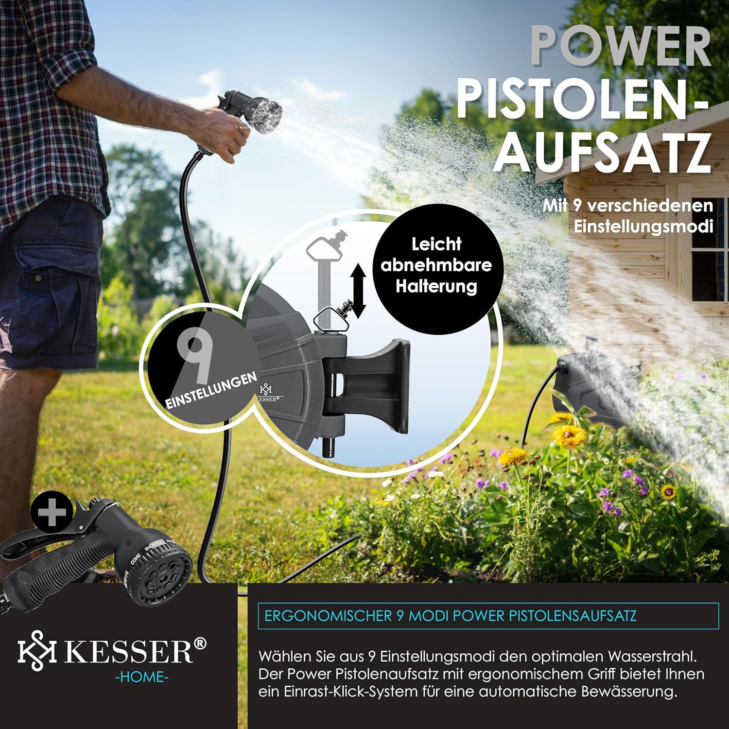 Thumbnail 5 de KESSER automatische Schlauchtrommel 30 m + 2 m – Wand-Schlauchbox mit Aufrollautomatik, 180° schwenkbar & Multi-Handbrause (9 Modi) in Anthrazit