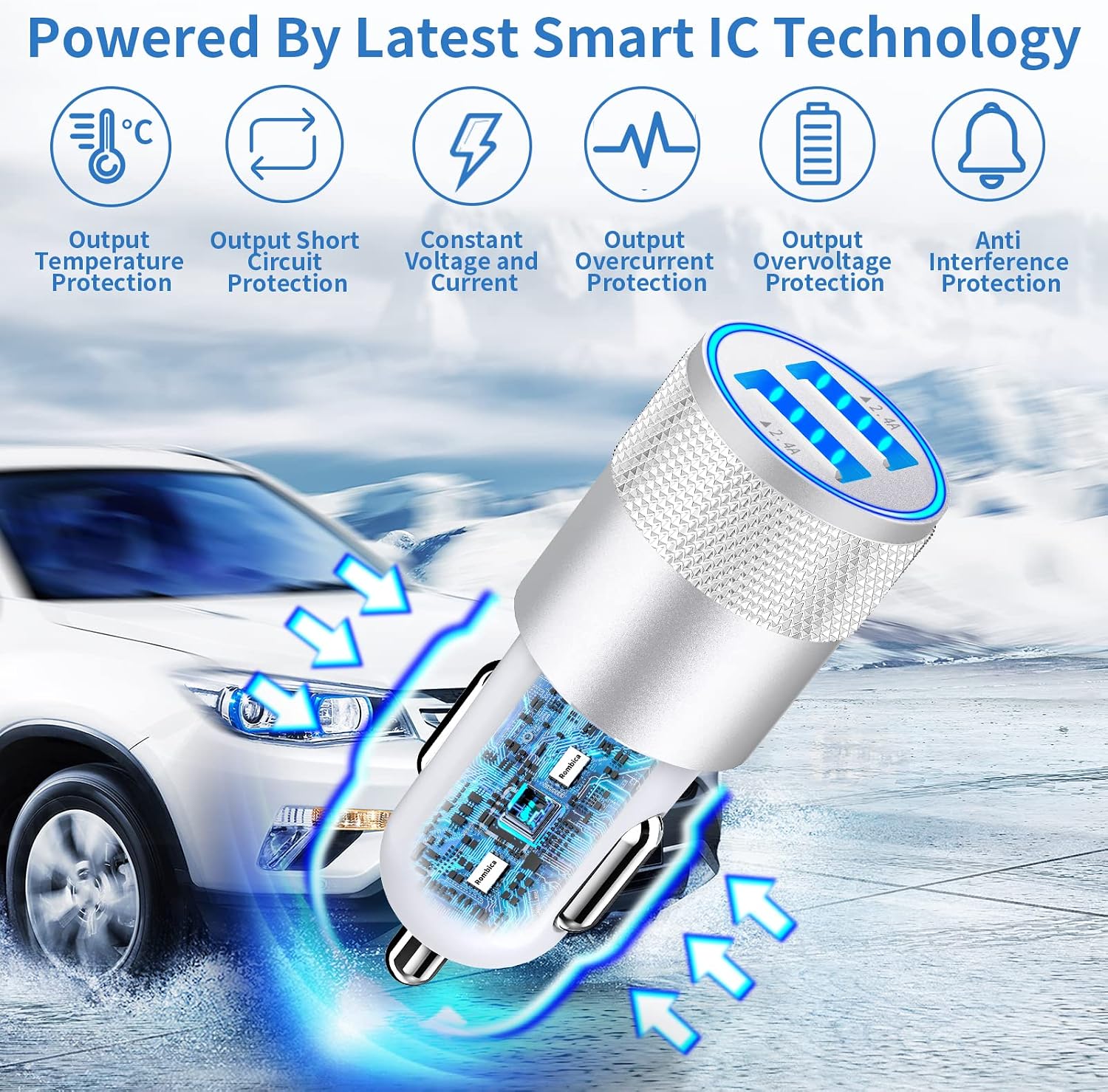 Detalle de Rombica CFC68A Dual USB Car Charger, 4.8A with MFi Lightning Cables