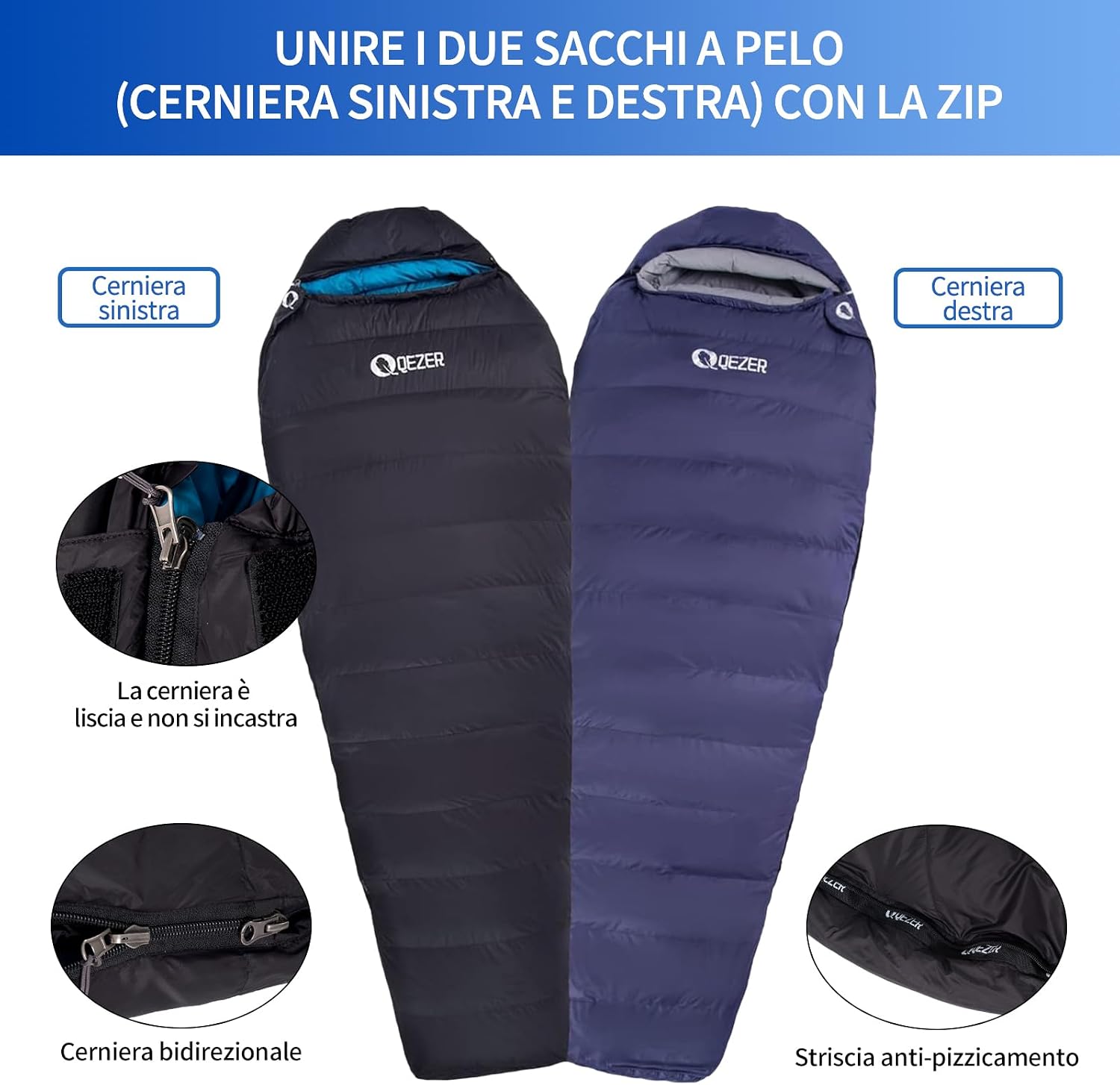 Detalle de QEZER sacco a pelo in piuma invernale 600+ FP: 7℃ ~ -8℃ ~ -24℃, leggero e comprimibile