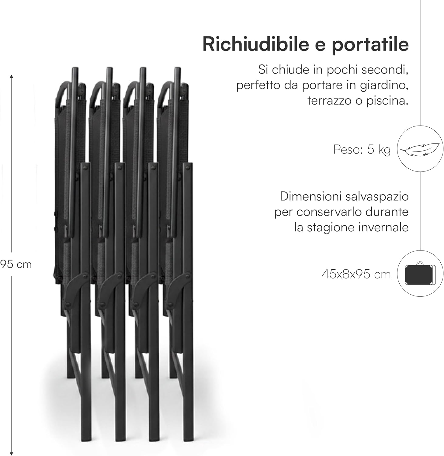 Thumbnail 3 de Baroni Home Set 4 Sedie da Giardino Pieghevoli con Braccioli – Nero