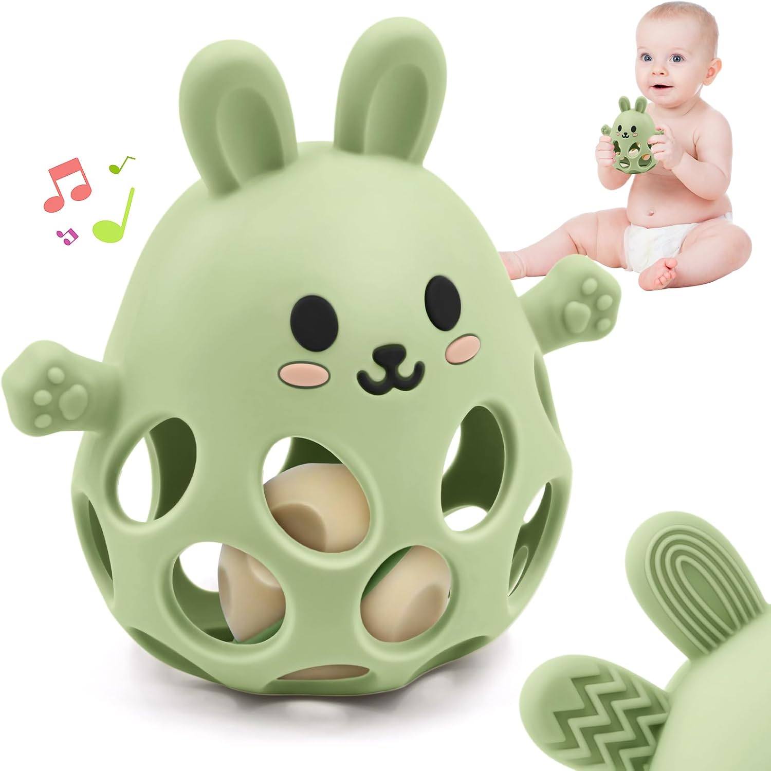 Baby Sensory Teething Toy with Rattle for Newborn to 18 Months (Green)
