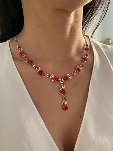Detalle 2 de ONDEGO Schmuckset Rot Blumen Silber – Collier, Ohrringe und Strass für Hochzeit und Fest