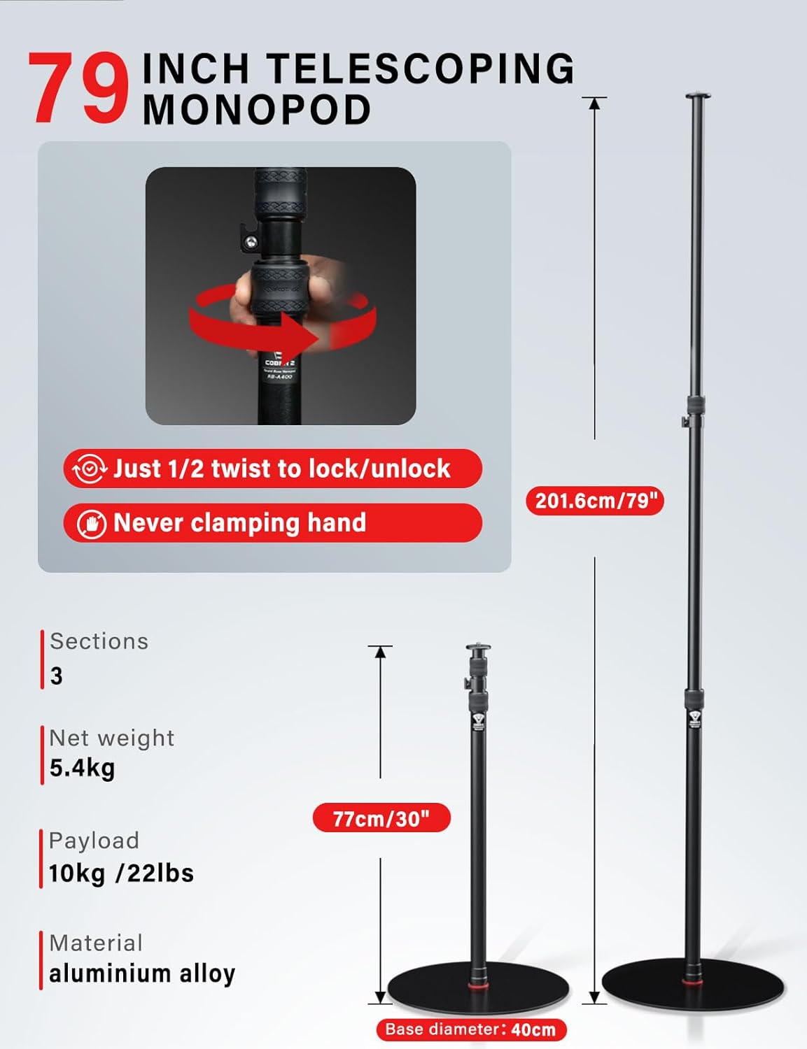 Thumbnail 5 de IFOOTAGE A400 Round Base Monopod (2 Pack) — 79" Studio Light Stand Monopod for Video, Streaming & Interviews