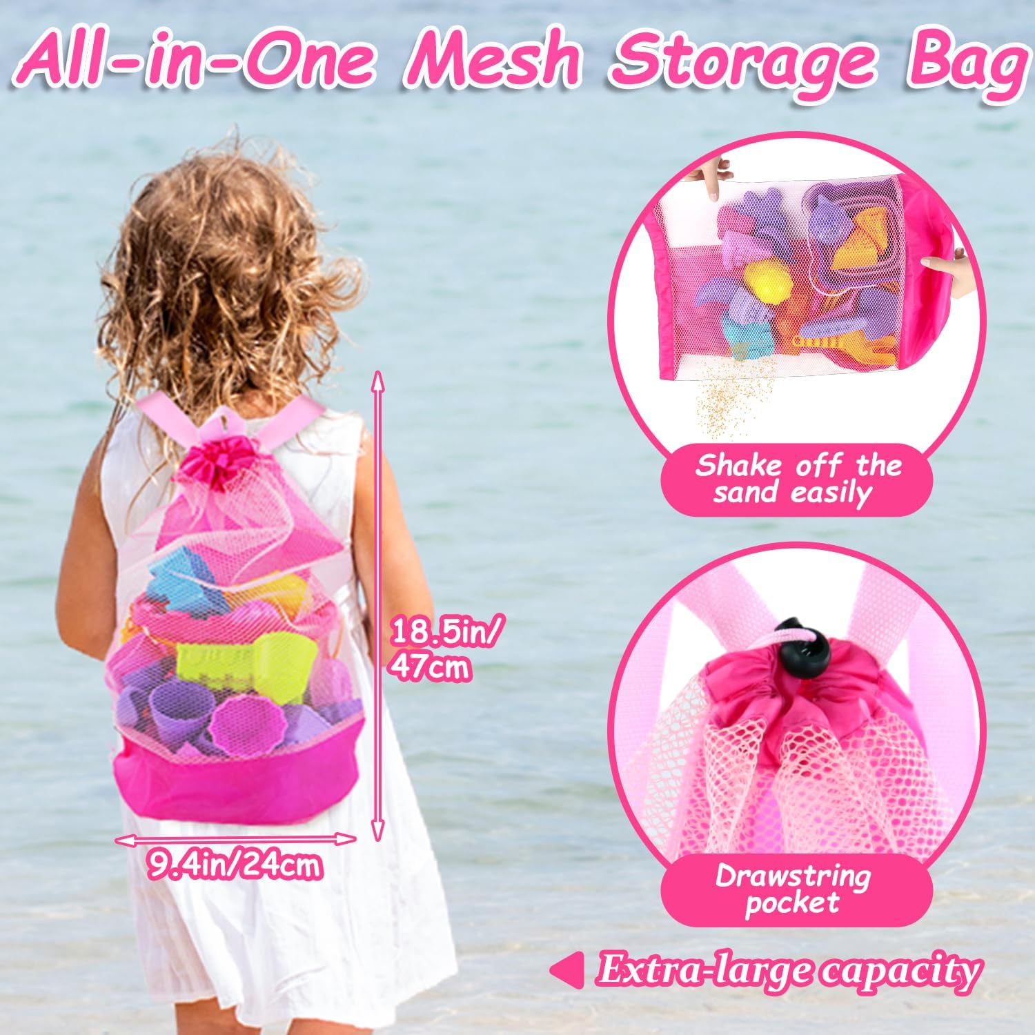 Detalle 2 de Elovien Beach Sand Toys set (50 pcs) with 2 collapsible sand buckets and mesh backpack bag