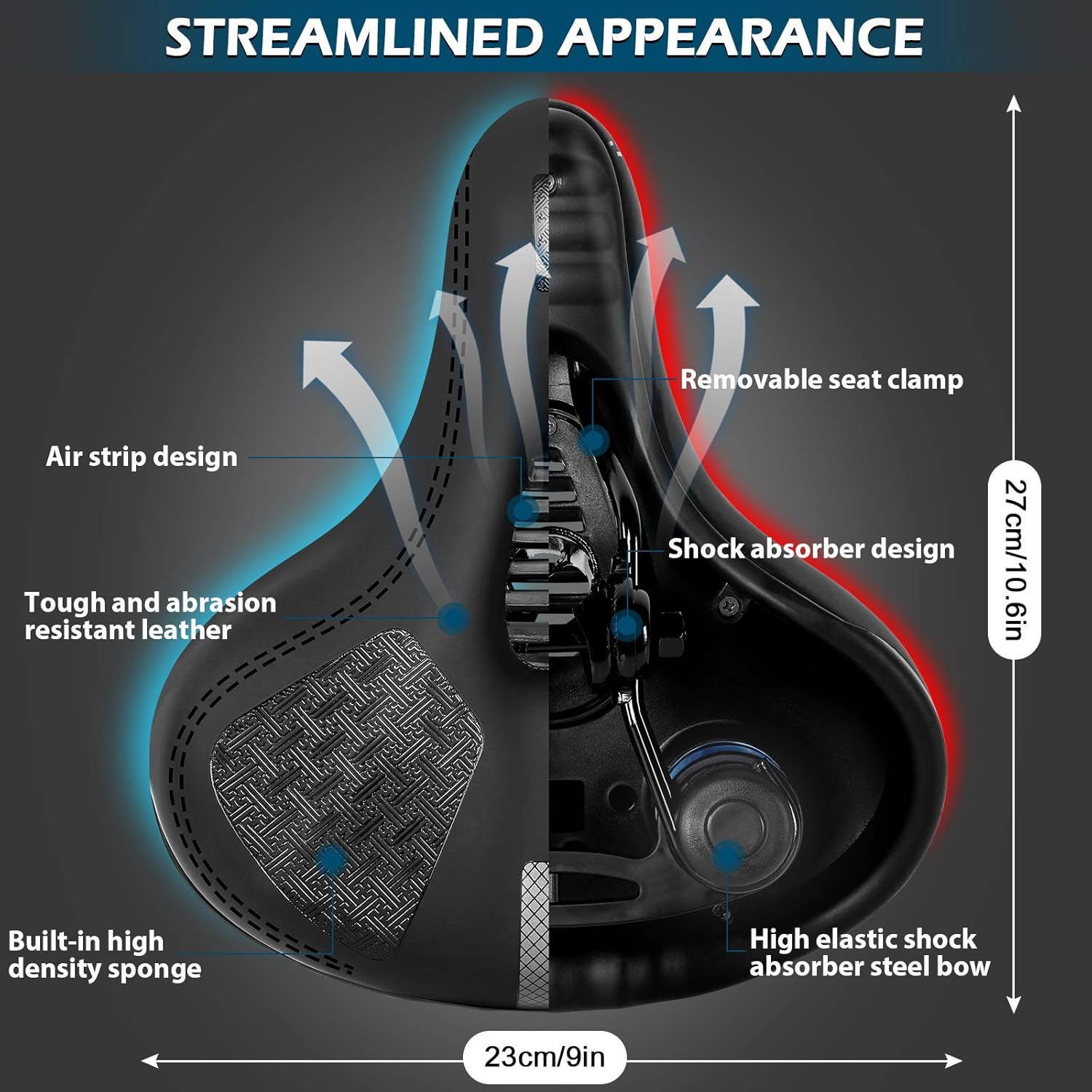 Detalle de Selle de vélo surdimensionnée en mousse à mémoire de forme avec absorption double-ressorts et surface imperméable