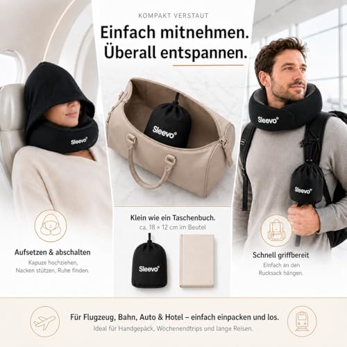 Detalle de Sleevo Pro Nackenkissen (L) fürs Flugzeug mit Kapuze, Memory-Schaum, Schwarz