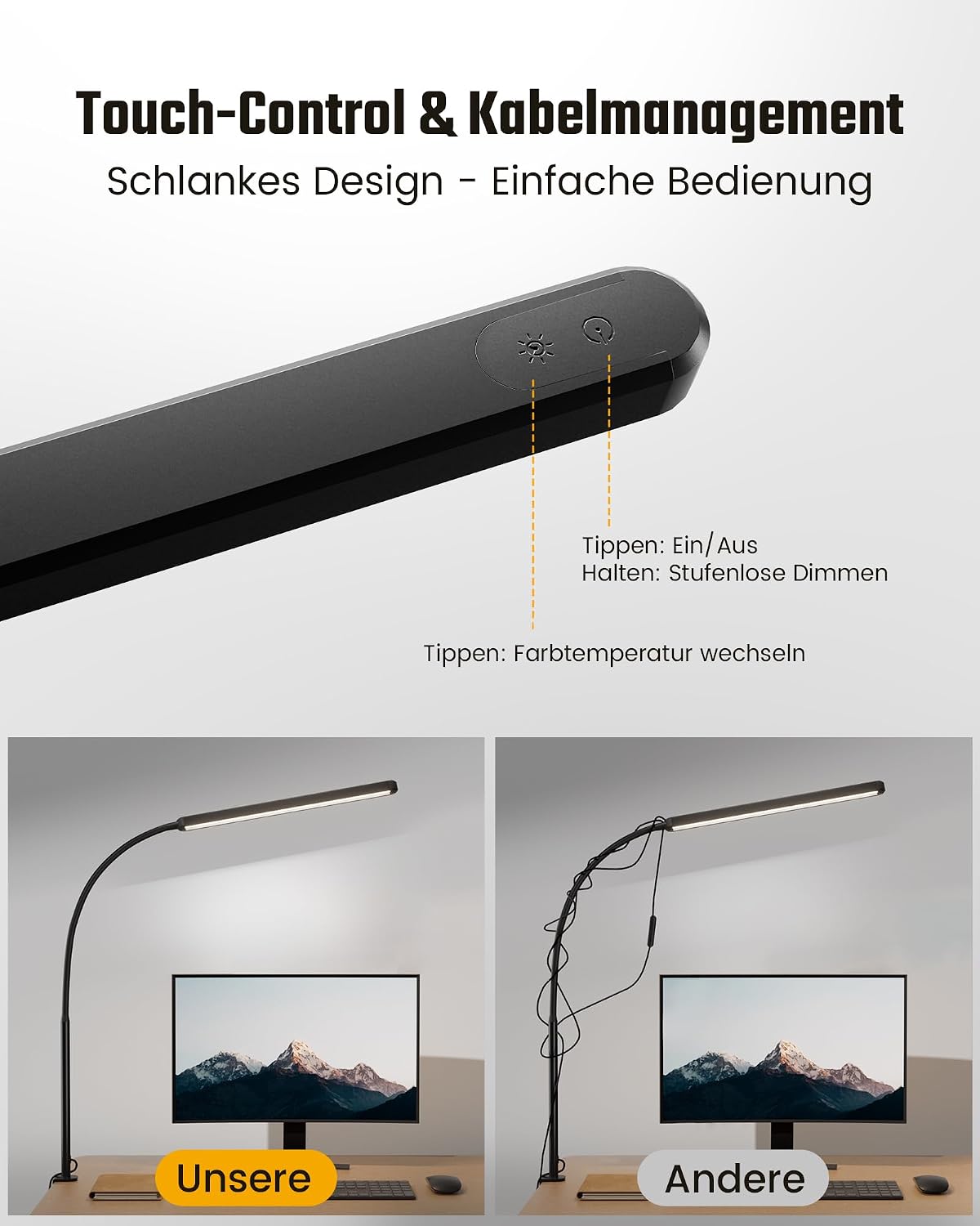 Detalle de RIXGLEAM LED-Schreibtischlampe dimmbar, klemmbar mit 45°-Streuwinkel und Schwanenhals für Homeoffice