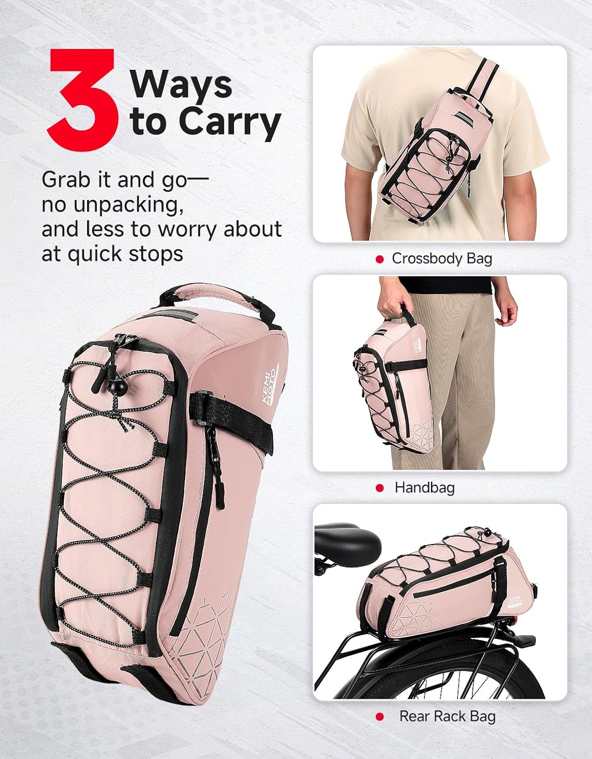 Detalle de KEMIMOTO 8L Rear Bike Rack Bag with Water-Resistant PVC and Reflective Strips