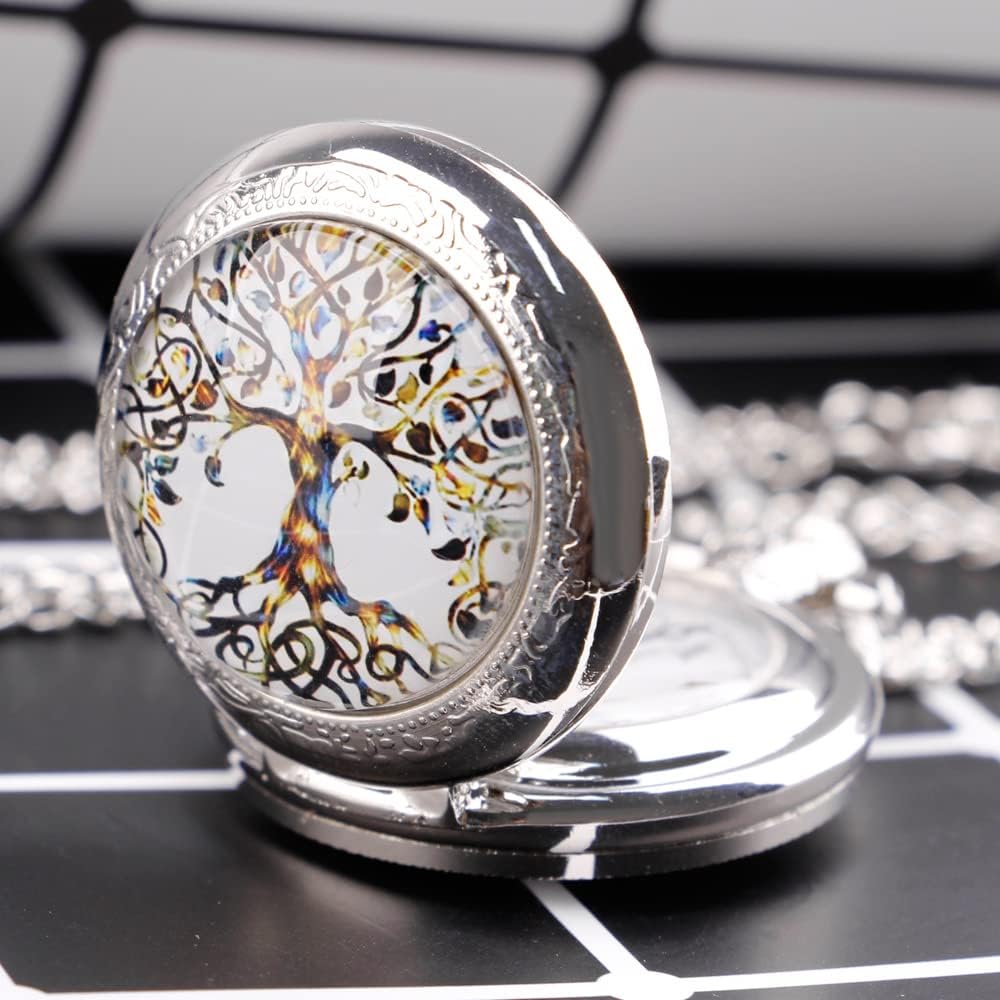 Detalle de Tiong Pocket Watch Hollow Tree of Life Design – Quartz Pocket Watch with Chain for Men and Women