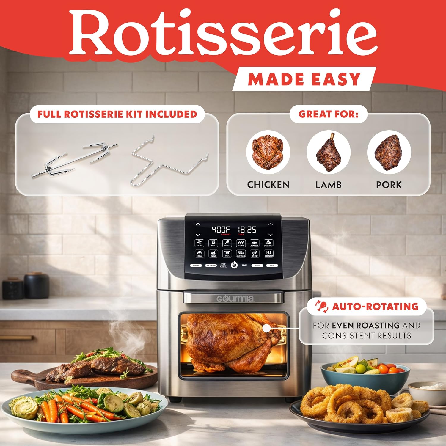 Detalle de Gourmia 14 Qt Air Fryer All-in-One Rotisserie Oven with Digital Display, 12 Presets, 1750W