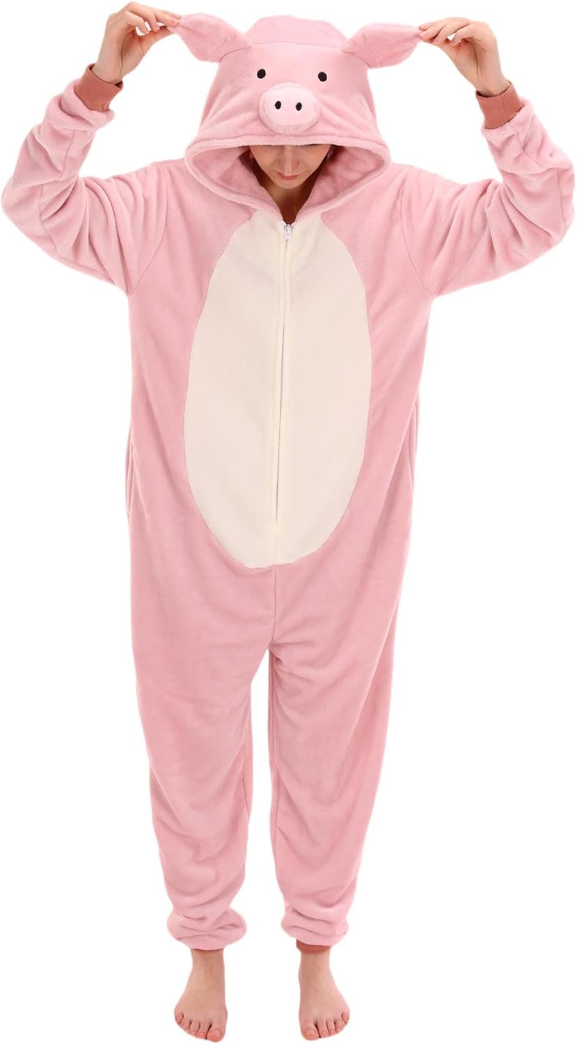 Thumbnail 6 de AILMQYJL Unisex Adult Pig Onesie Pajamas, Flannel Hooded Costume with Zipper