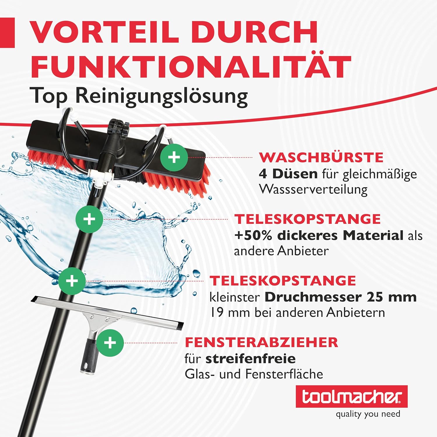 Detalle 2 de toolmacher Teleskop Waschbürste 6m inkl. Fensterabzieher – Terrassendach-Reiniger mit Seifenspender