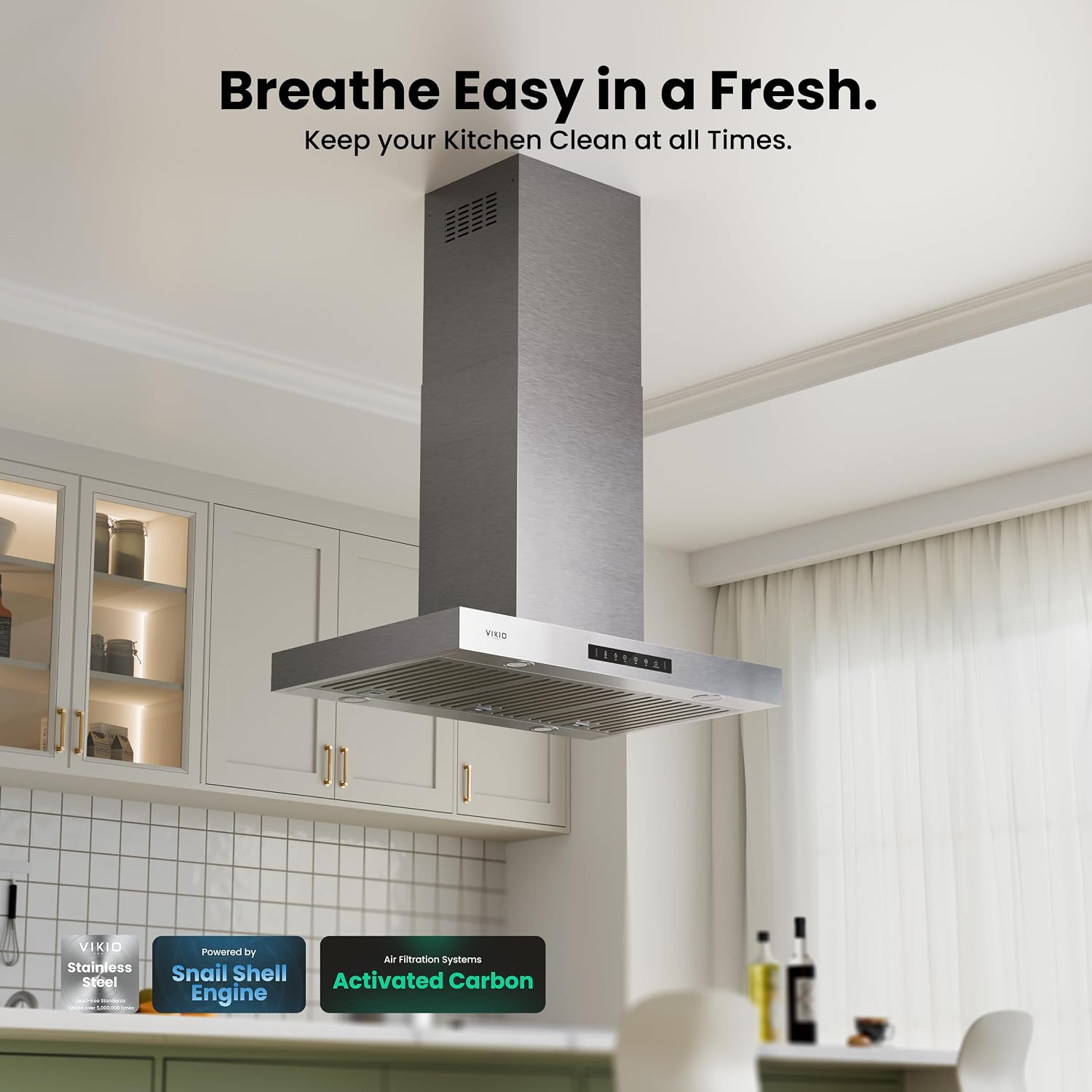 Detalle de VIKIO HOME RI51-30 30-Inch Island Range Hood, 1200 CFM, Gesture and Touch Controls