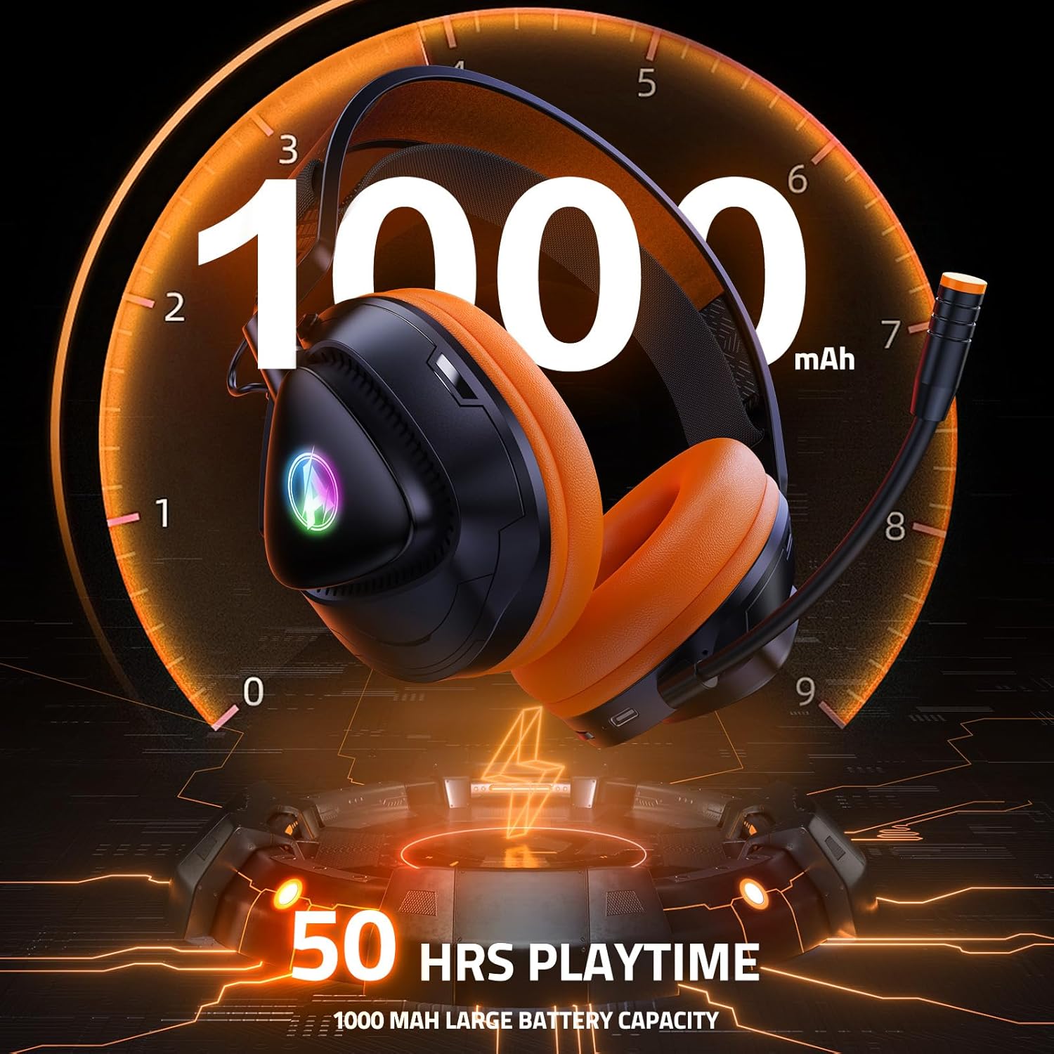 Detalle de Awinnasey PH3 Wireless Gaming Headset – 50 Hours Battery, 2.4GHz & Bluetooth, RGB (Light Orange)