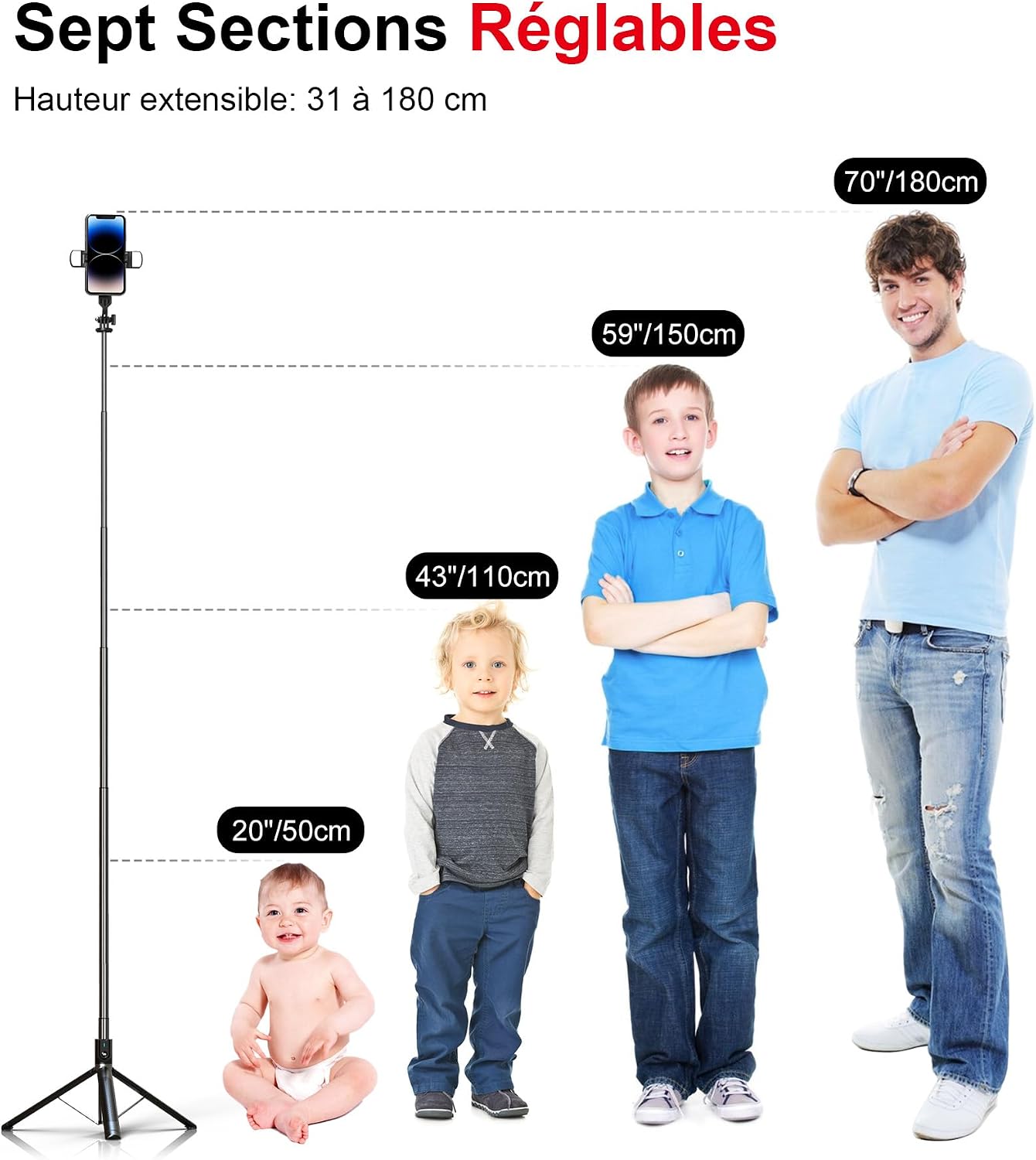 Detalle de Perche à Selfie Trépied ASHINER – 180 cm, télécommande et LED pour vos vlogs et photos