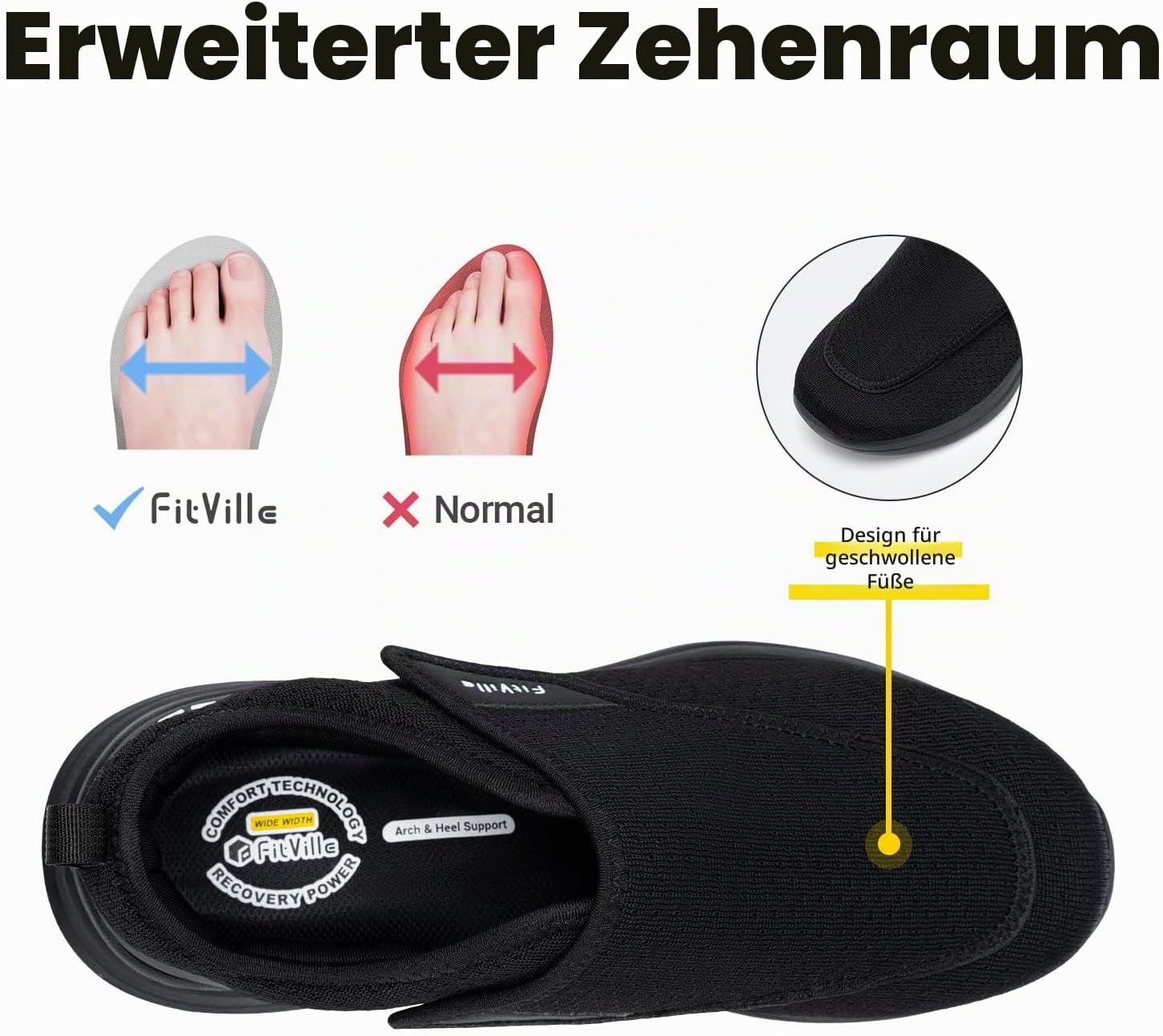 Detalle de FitVille Herren Extra Weit Pflege Hausschuhe mit Klettverschluss EasyTop Wings V2