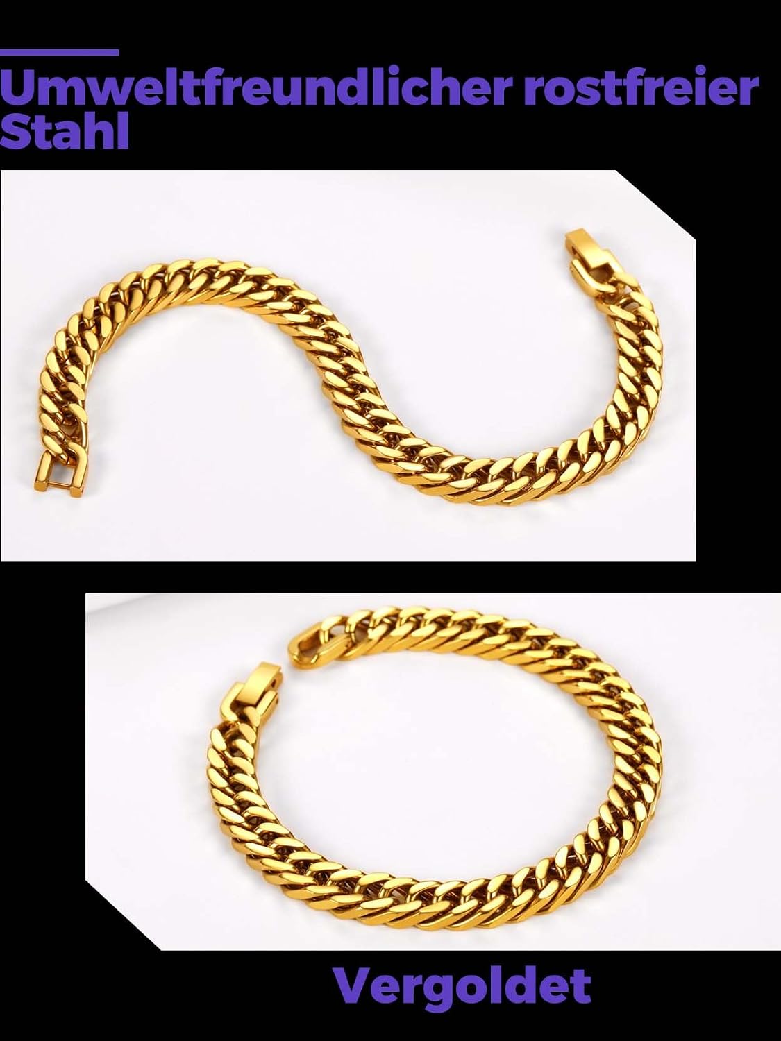 Detalle 2 de Richsteel Herren-Armband aus Edelstahl (Cuban Glieder) in Silber, Gold oder Schwarz – Breite 8/12/17 mm, Länge 19/21/23 cm