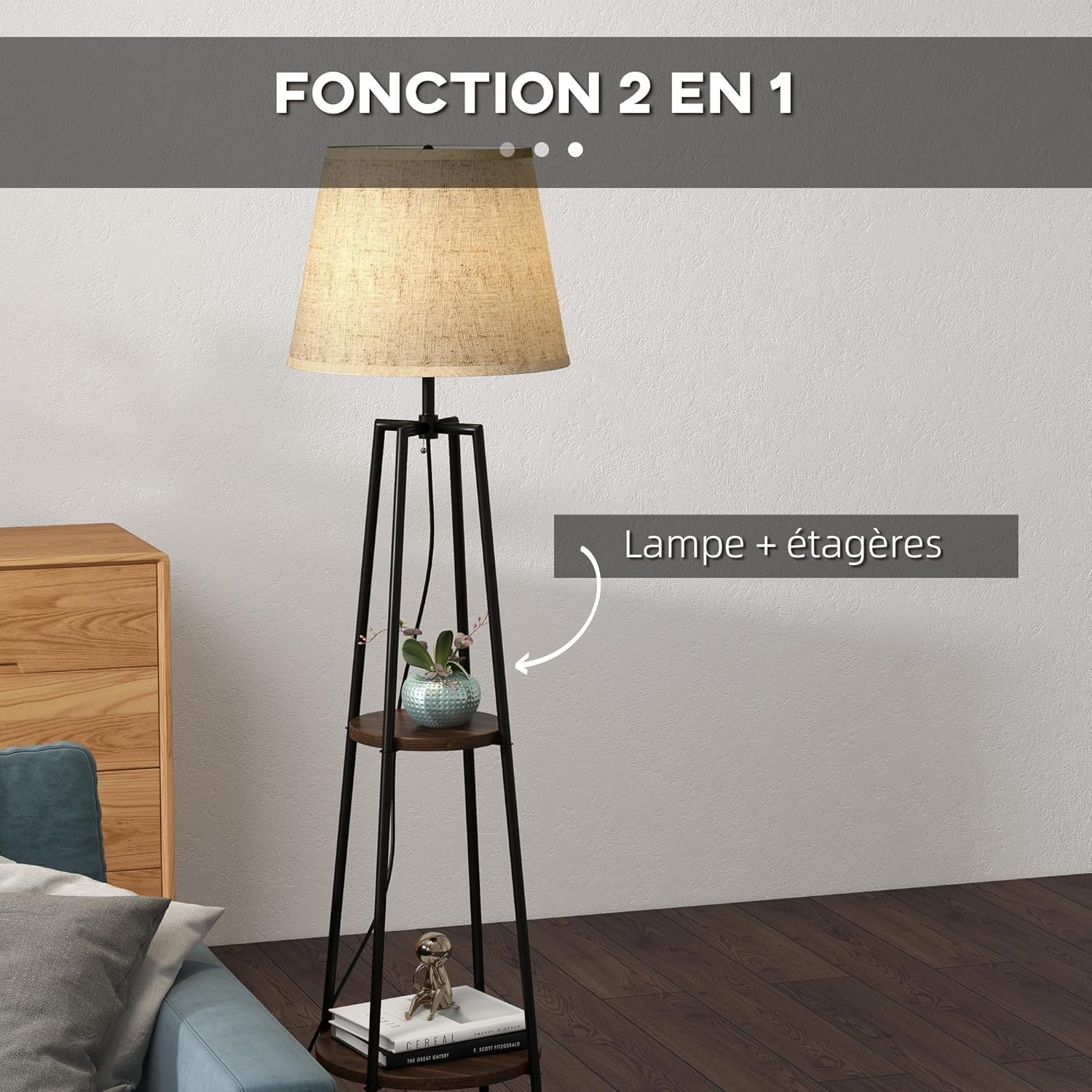 Thumbnail 3 de HOMCOM Lampadaire sur pied avec 2 étagères – design moderne, abat-jour tissu, noir marron