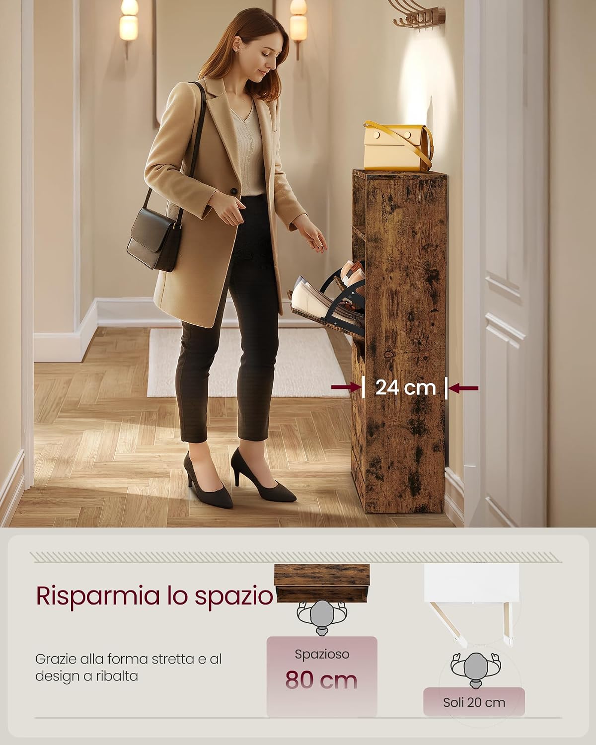 Thumbnail 3 de VASAGLE CUSTOS Collezione Scarpiera a 2 Ante a Ribalta in Marrone Vintage (LBC040X01)