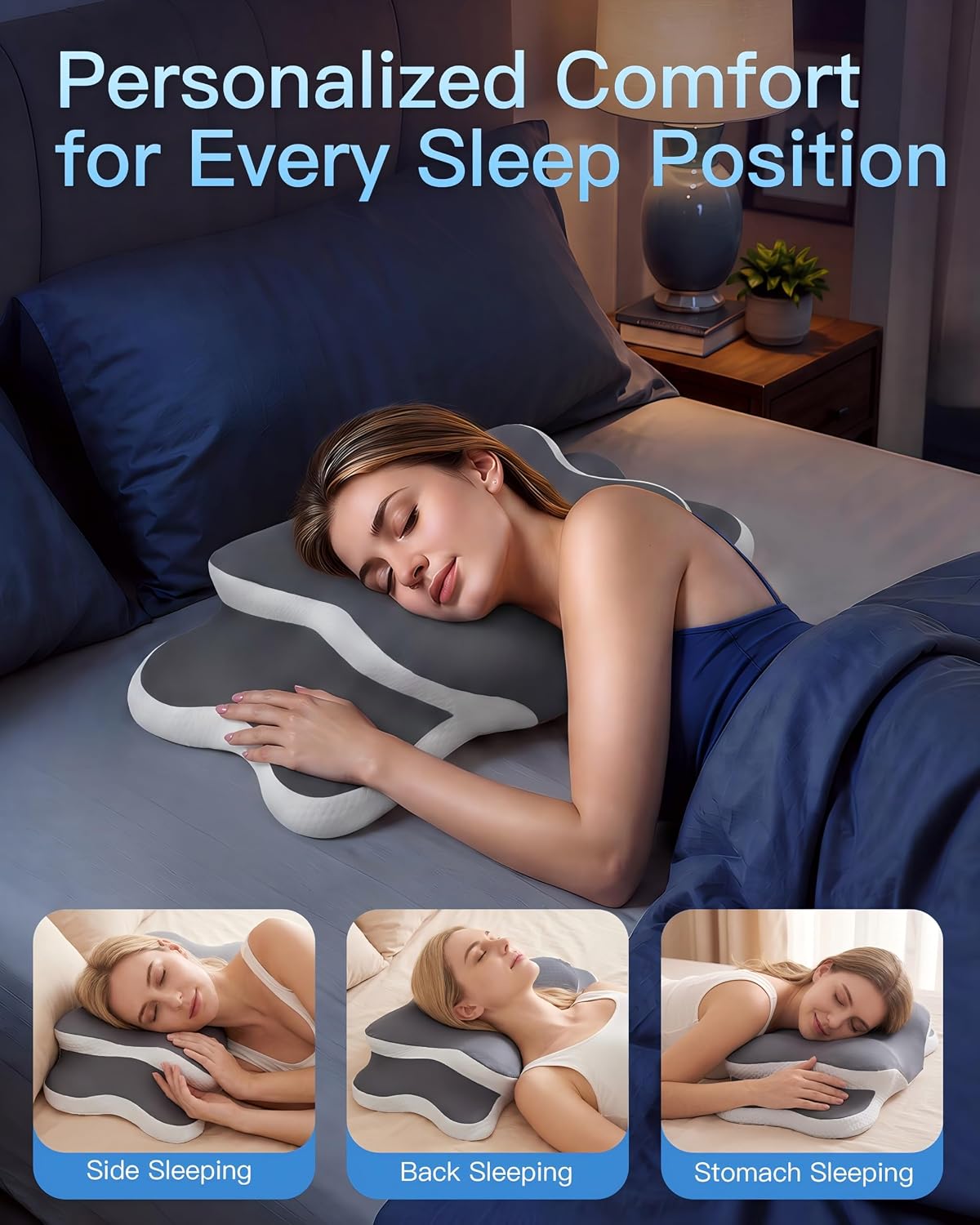 Detalle 2 de CloudNook Ergonomic Cervical Pillow, Gray, Dual-Height Memory Foam, 60 × 35 × 14 cm