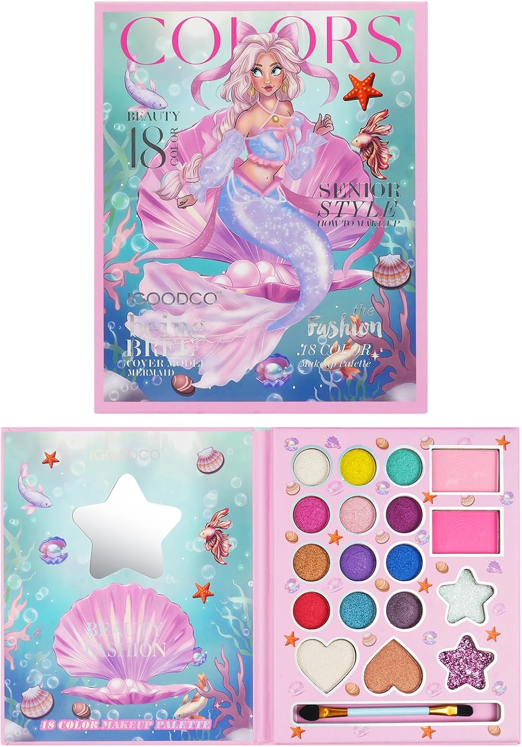 Detalle de Aomig 18-kleuren make-upset voor meisjes, wasbaar met zeemeermindesign