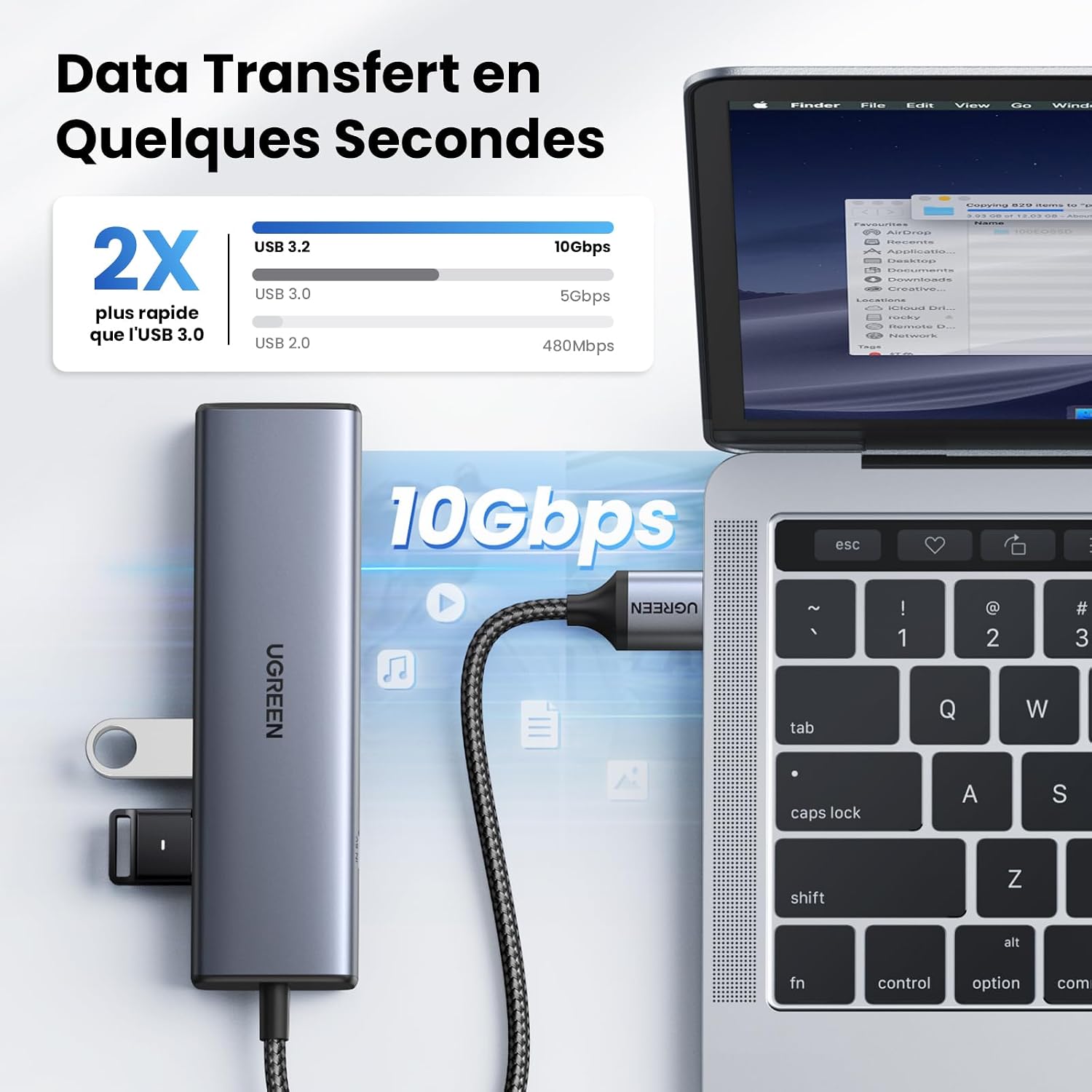 Detalle de UGREEN 10Gbps Hub Ethernet 5 en 1 RJ45 USB-C