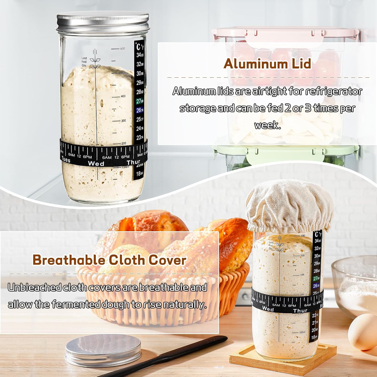Thumbnail 5 de DWTS DANWEITESI Sourdough Starter Jar Kit, 24 oz Glass Jar with Feeding Tracker