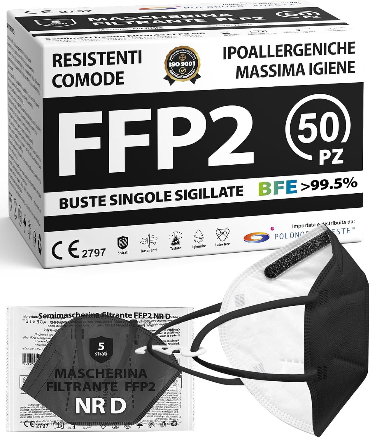 Polonord Adeste 50 Mascherine FFP2 nere NR D – Comfort, filtrazione e controllo di qualità