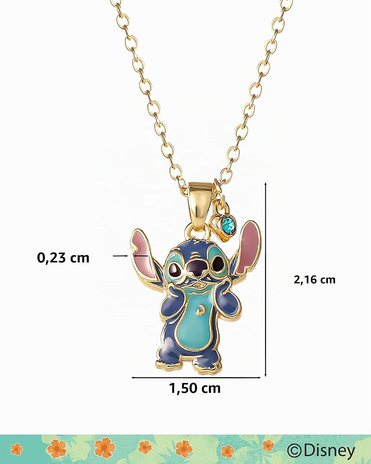 Detalle de Disney Collana Stitch da Donna – placcatura oro 18k, ciondolo smaltato e crystal blu