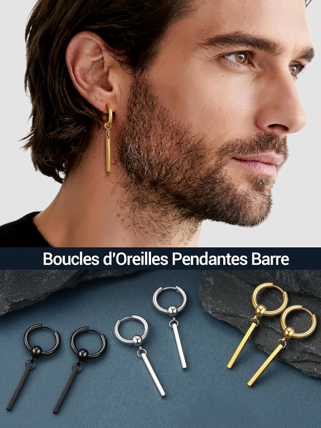 Thumbnail 5 de PROSTEEL Boucles d’oreilles homme en acier inoxydable, créoles 12 mm avec pendants barres