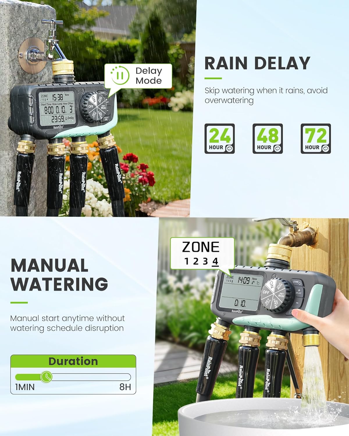Thumbnail 4 de RAINPOINT 4 Zone Water Timer with Brass Inlet & Outlet – IP65, Rain Delay & Manual Control