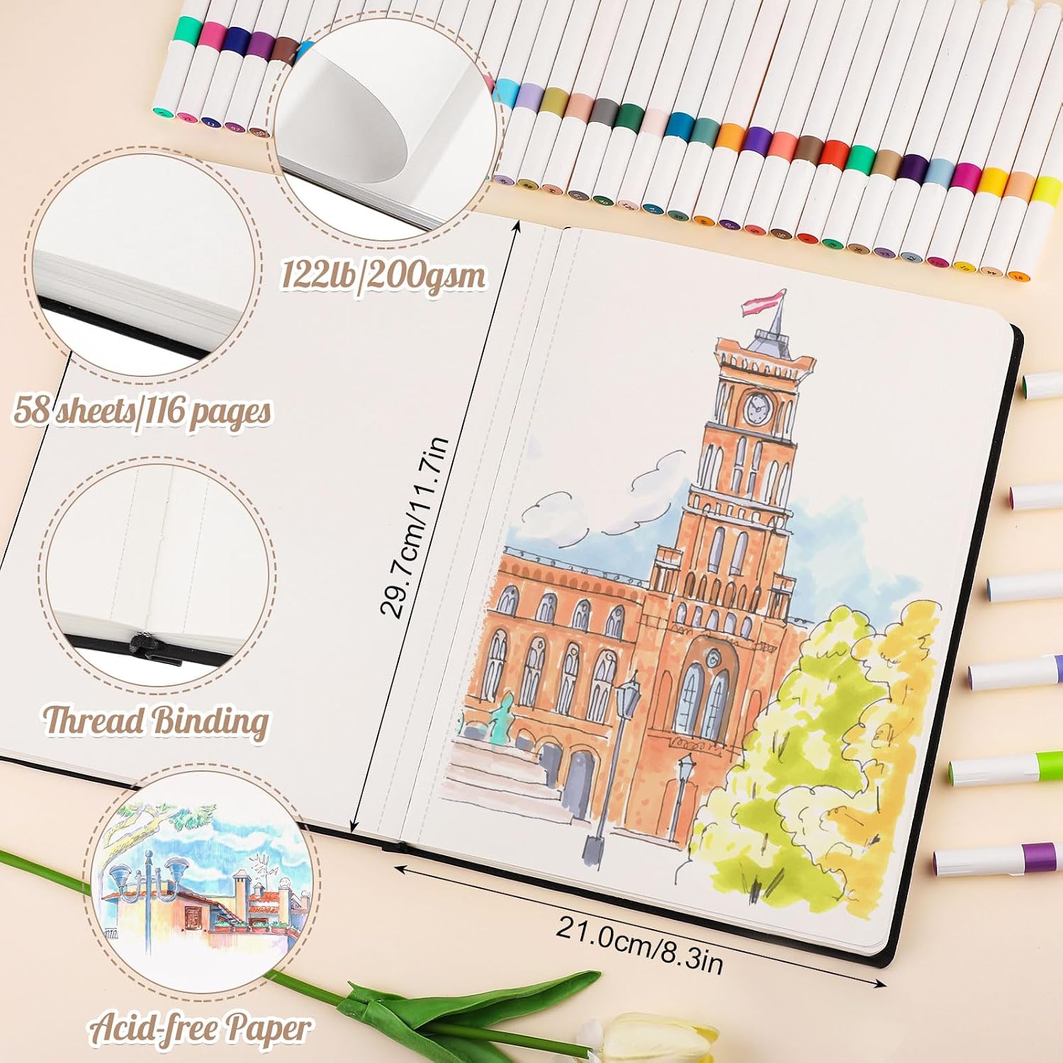 Thumbnail 1 de A4 Sketchbook 58 Sheets (116 pages) with 200GSM Thick Paper – Black Hardback Drawing Pad, 21 x 29.7 cm