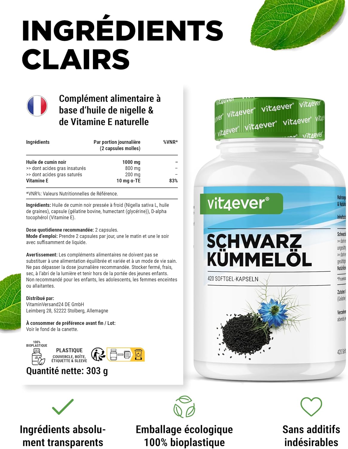 Detalle de Huile de Cumin Noir (Nigella sativa) – 420 capsules – 1000 mg par portion Journalière