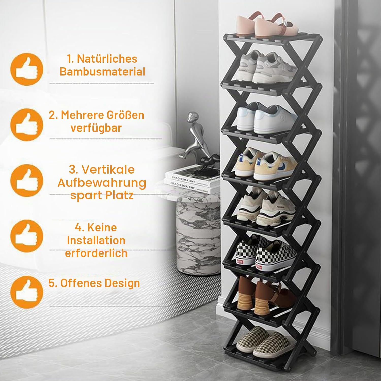 Thumbnail 3 de GIRYES Kleines Schuhregal, 7 Etagen, Bambus, schwarz – freistehendes, faltbares Regal ohne Installation
