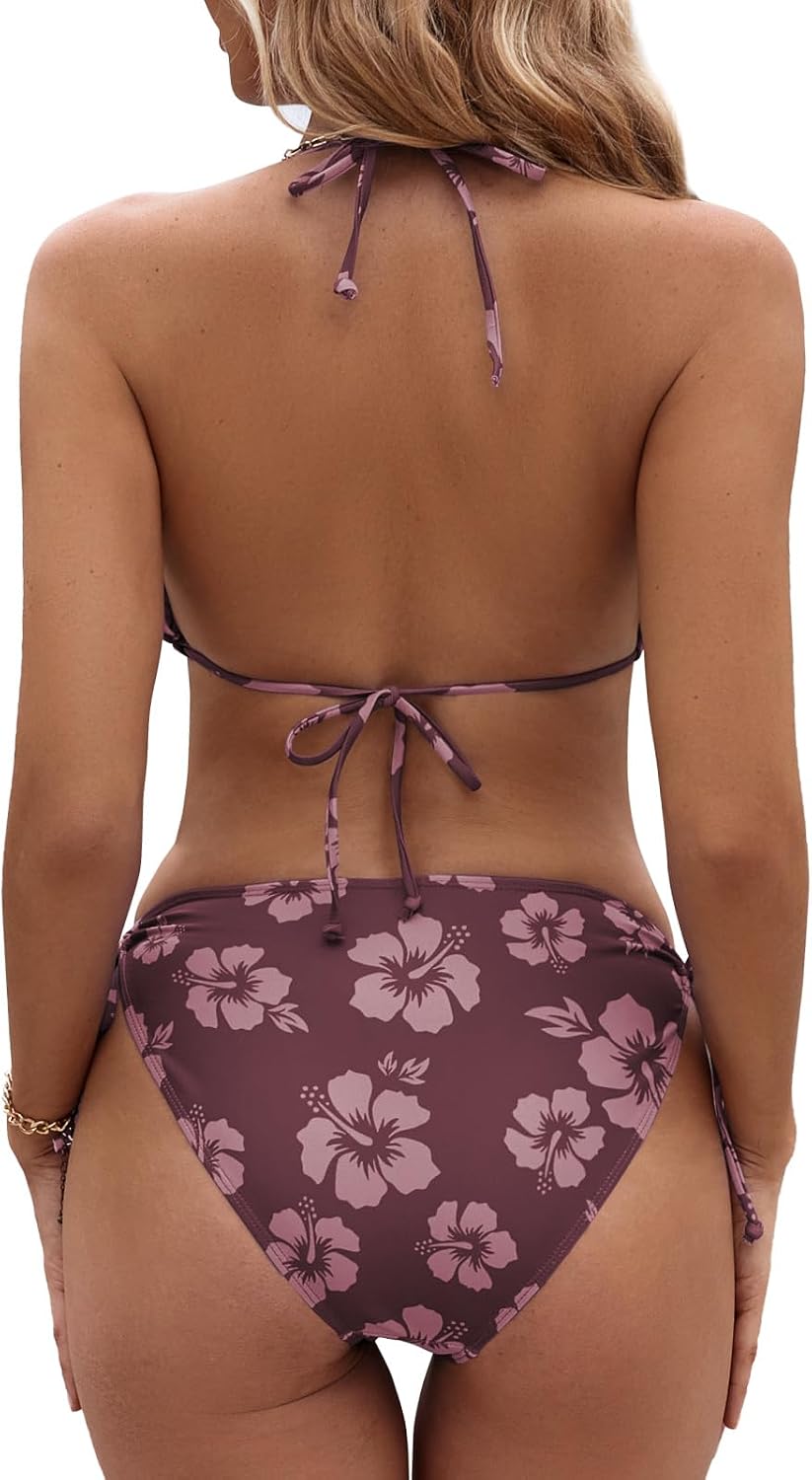 Thumbnail 3 de Damen Bikini-Set mit tiefem V-Ausschnitt & Triangel-Top (Low Waist, Blumendruck) – zweiteiliges Sommer-Badeoutfit