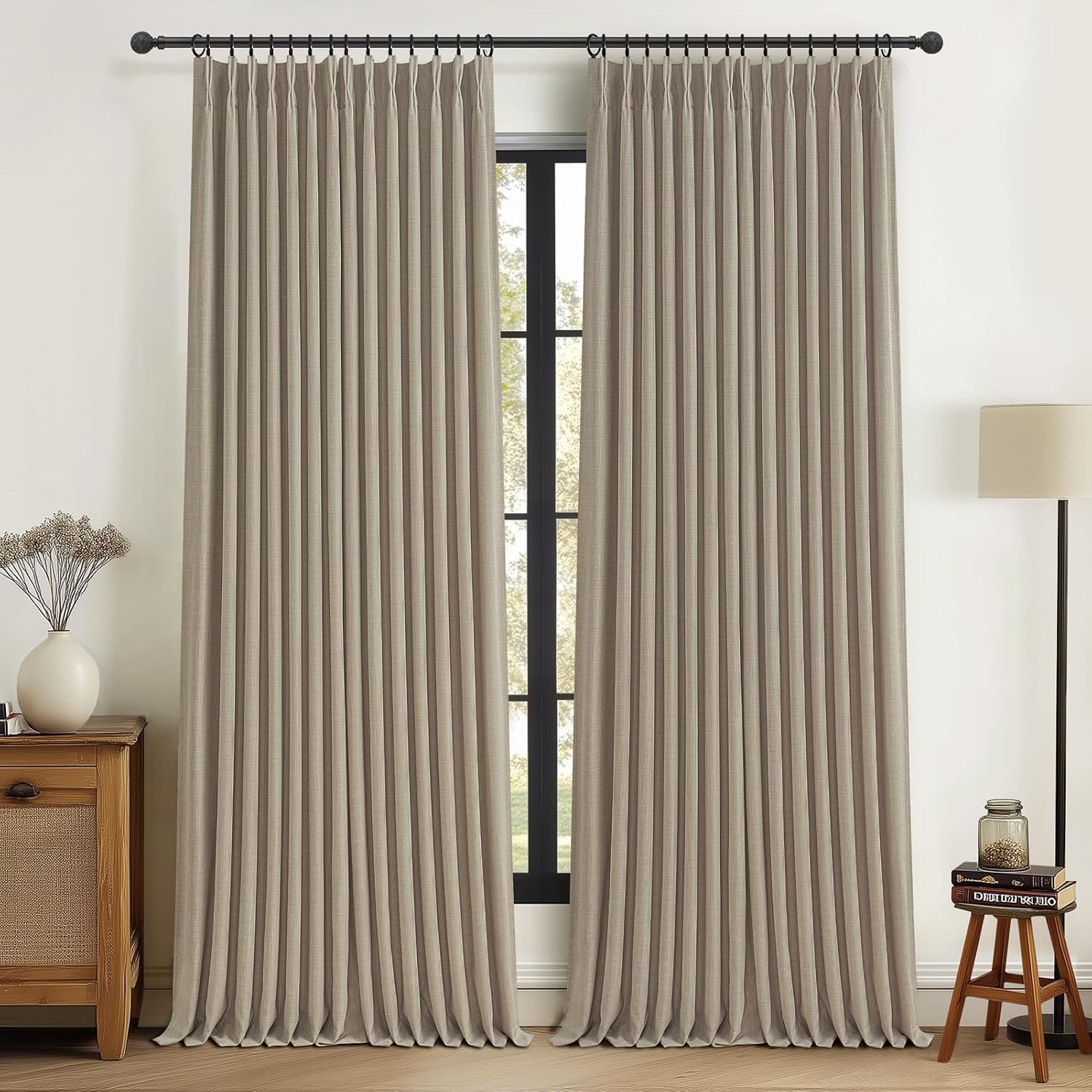 Detalle de Unique Black Out Thick Linen Privacy Curtains 105 Inches Long, 2 Panel Set