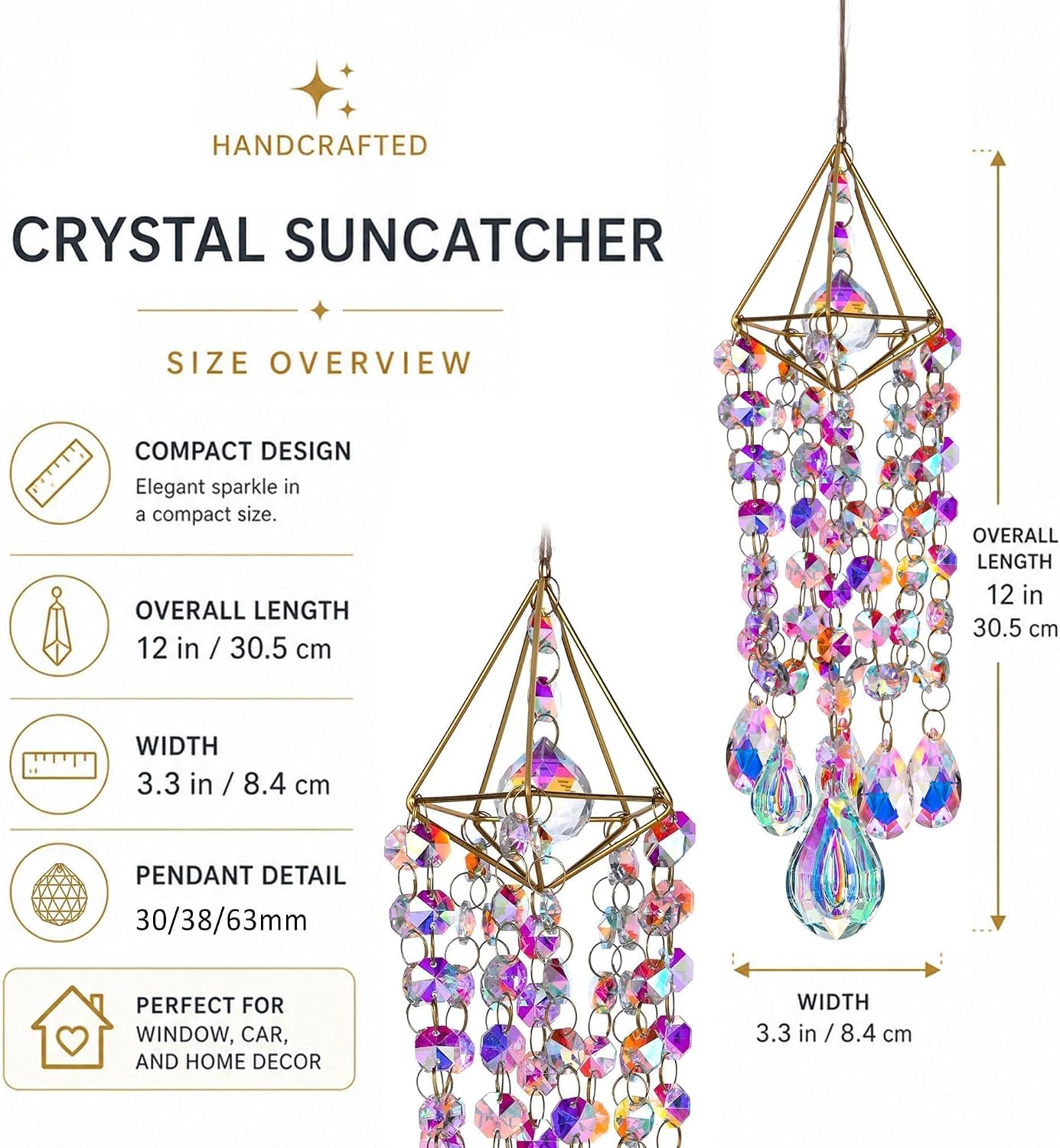 Detalle de HDCRYSTALGIFTS Crystal Suncatcher with K9 Prisms and Gold-Plated Metal